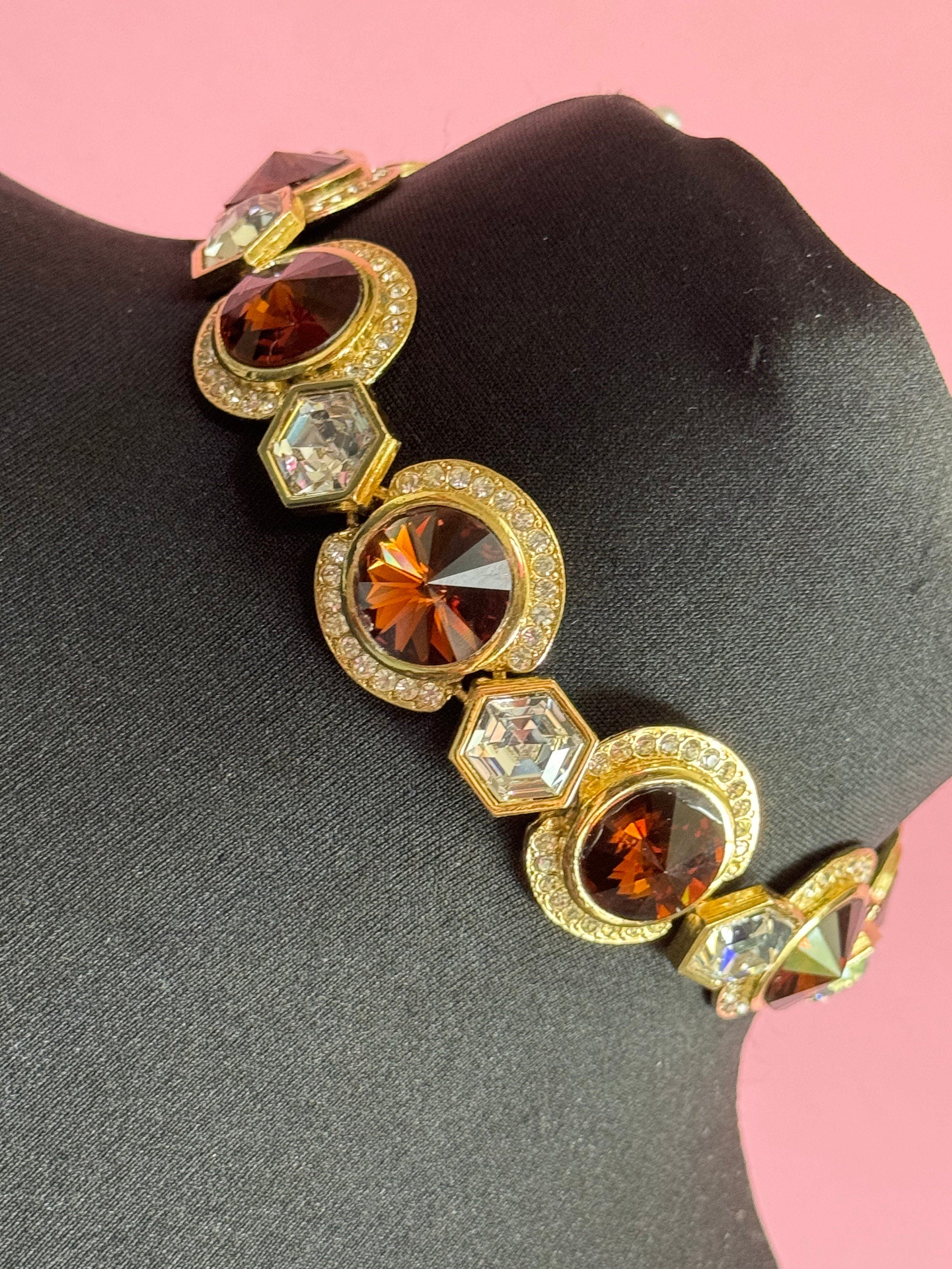 High end Vintage Swarovski Crystal gold tone cognac brown and clear rivoli set rhinestone wide statement choker necklace old shop stock