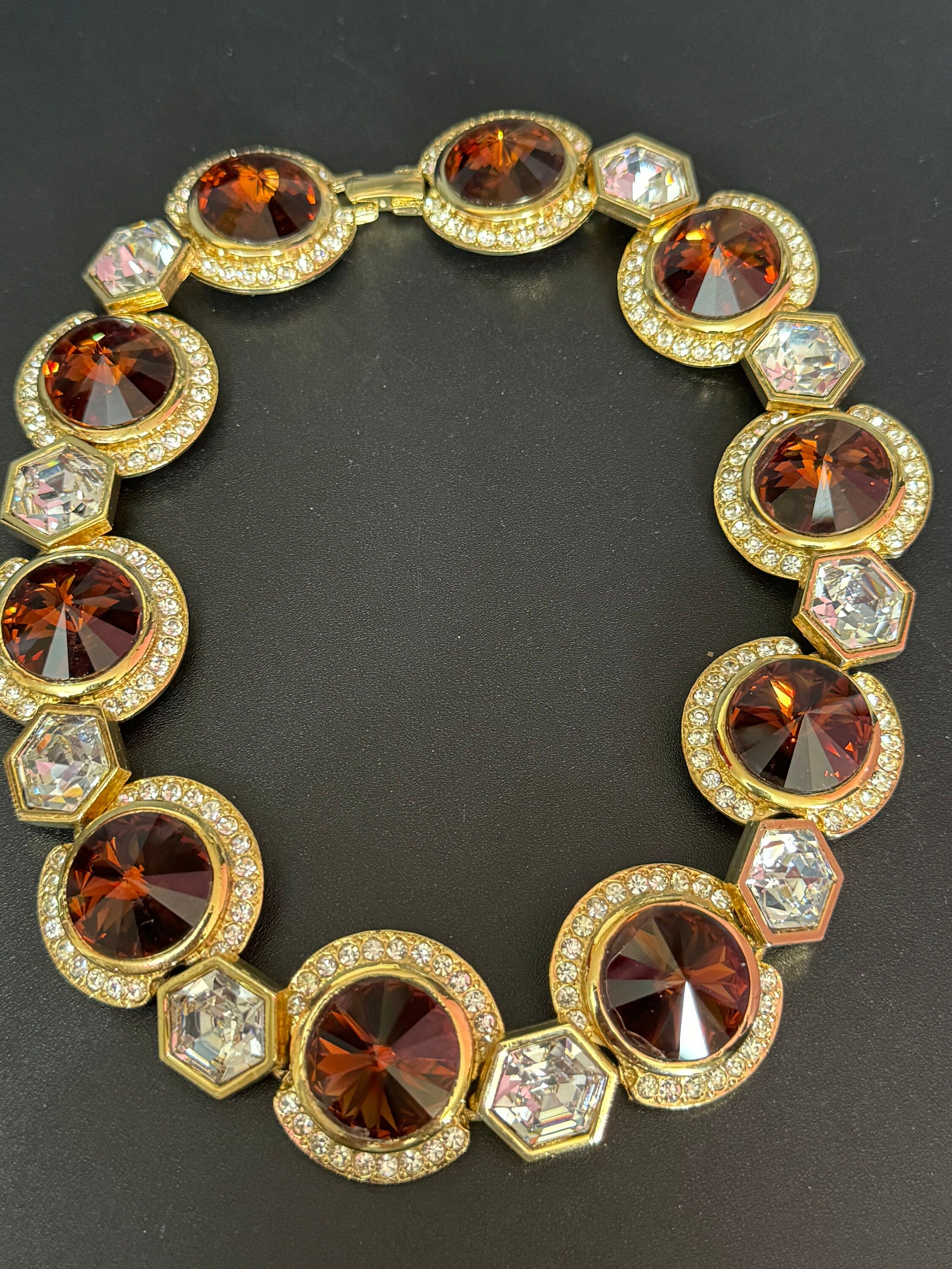 High end Vintage Swarovski Crystal gold tone cognac brown and clear rivoli set rhinestone wide statement choker necklace old shop stock