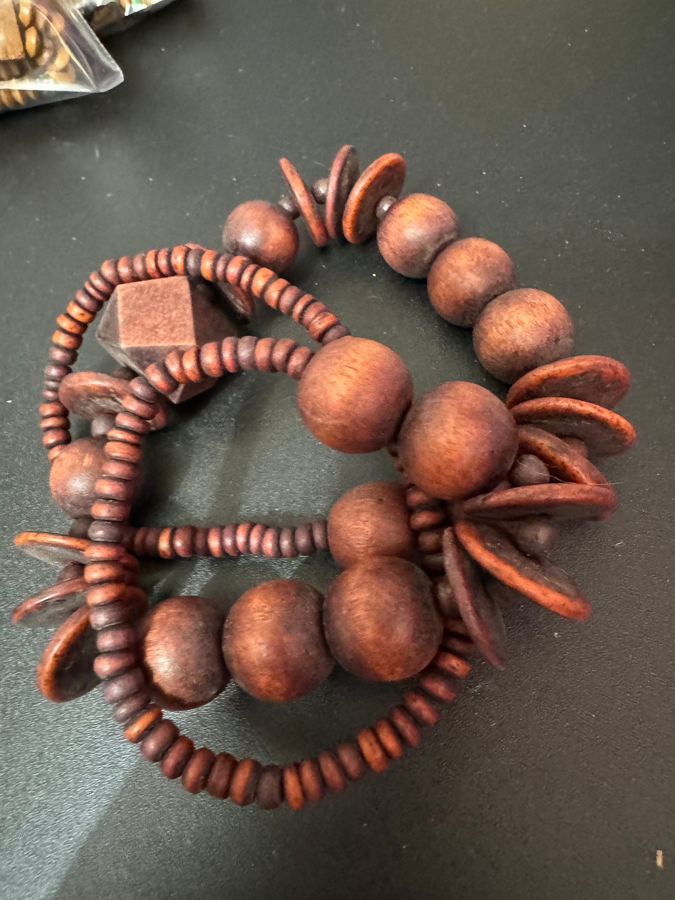 chunky vintage dark reddish brown wooden natural nut round beaded layering necklace boho festival jewellery