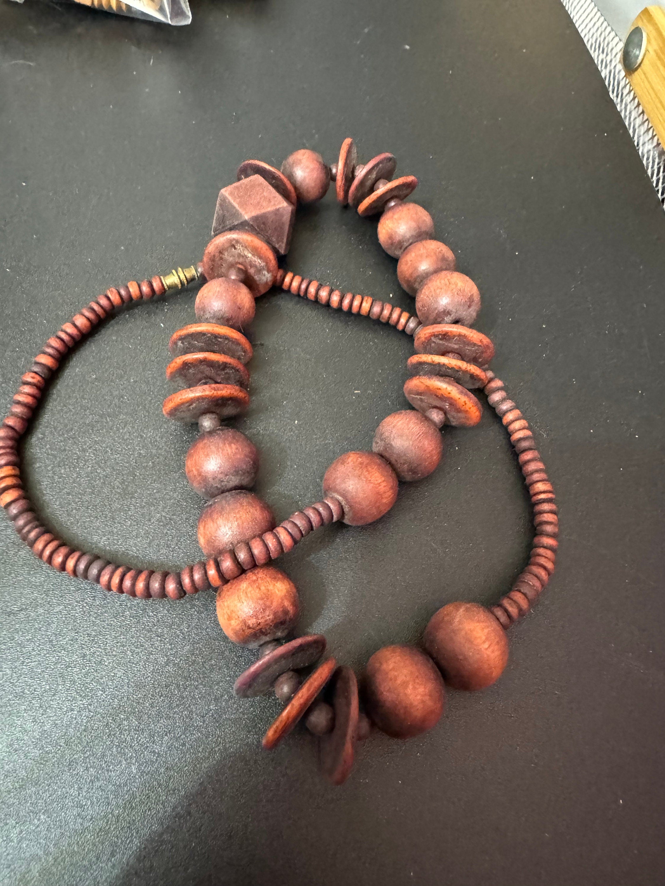 chunky vintage dark reddish brown wooden natural nut round beaded layering necklace boho festival jewellery