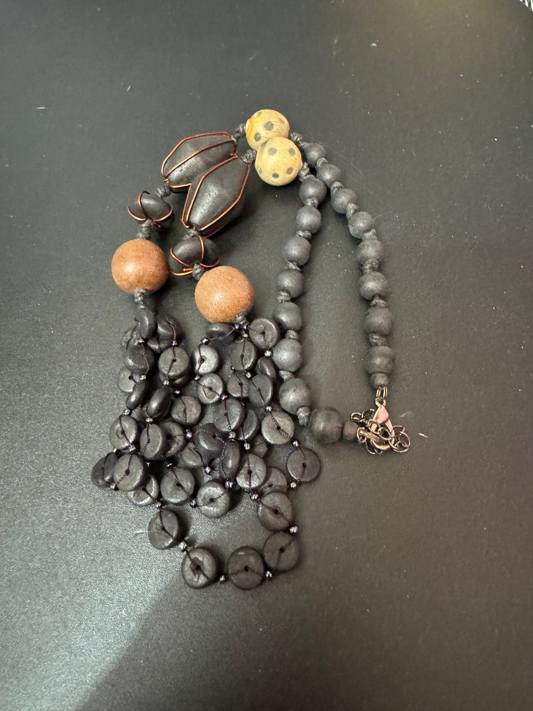 chunky vintage dark brown wooden natural nut wirework round beaded layering collar necklace boho festival jewellery