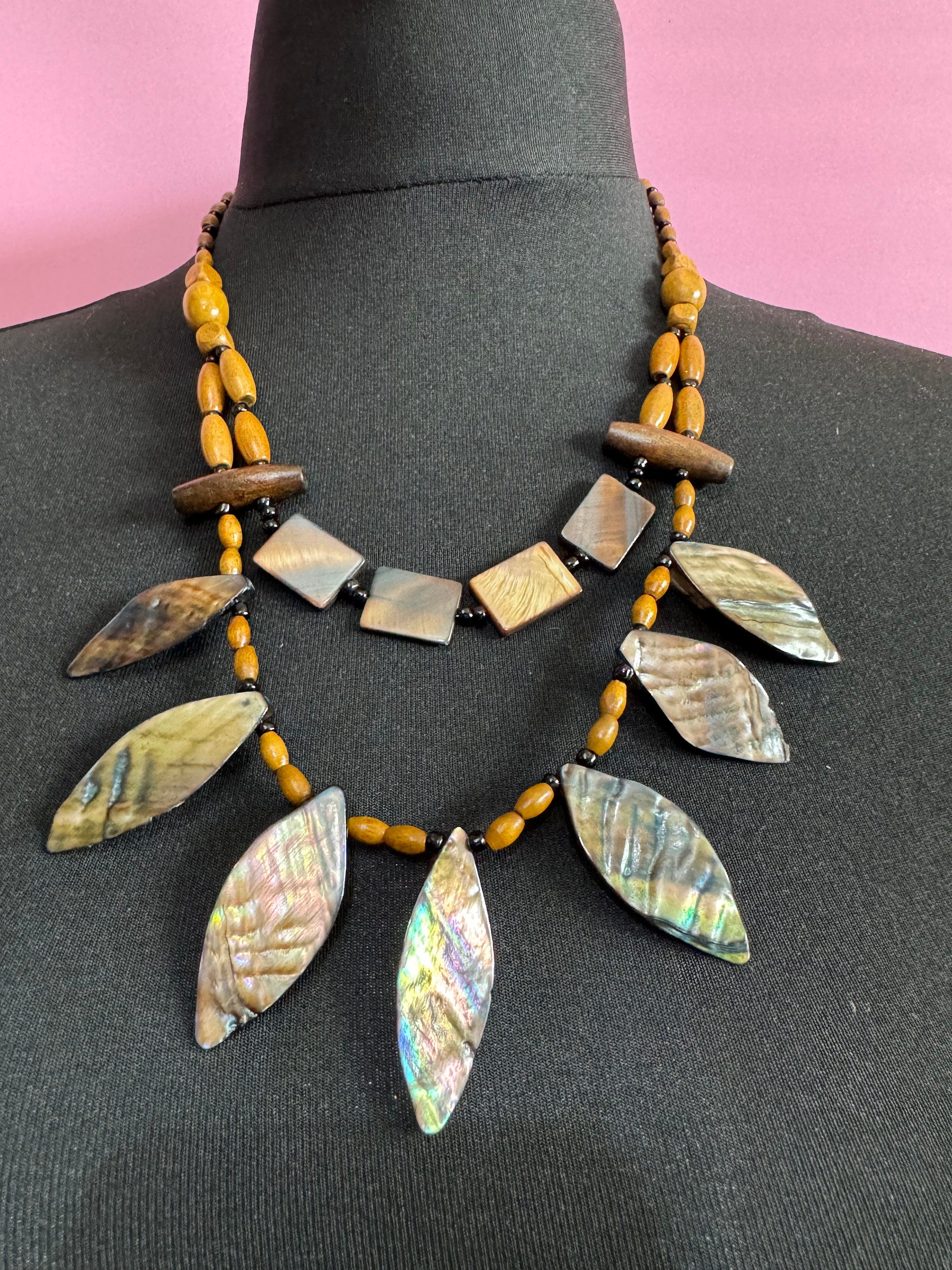 vintage natural shell mother of pearl leaves and brown wooden glass natural nut beaded Multi-strand collar necklace boho festival jewellery