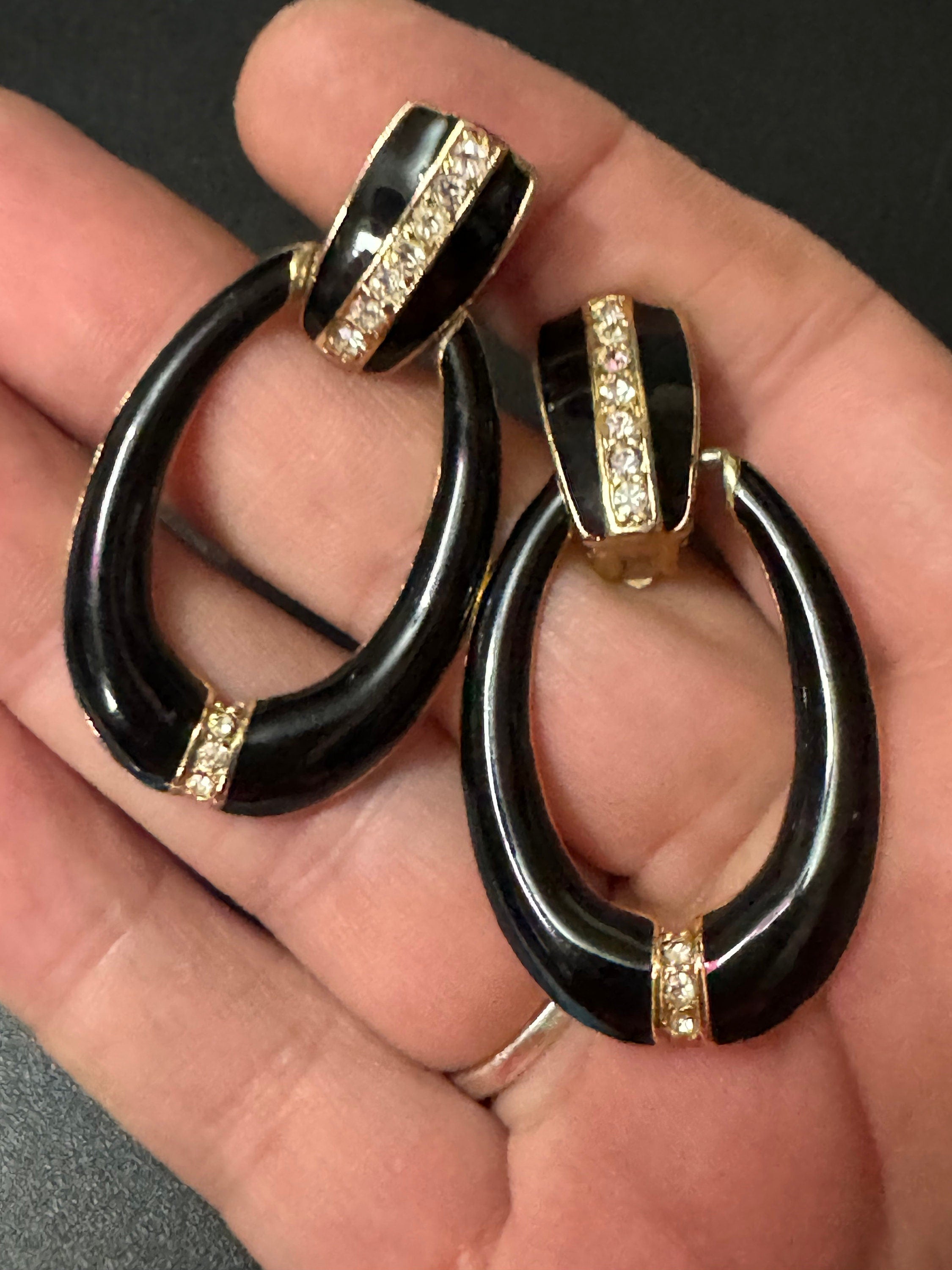 Gold black enamel diamanté door knocker striped clip on earrings