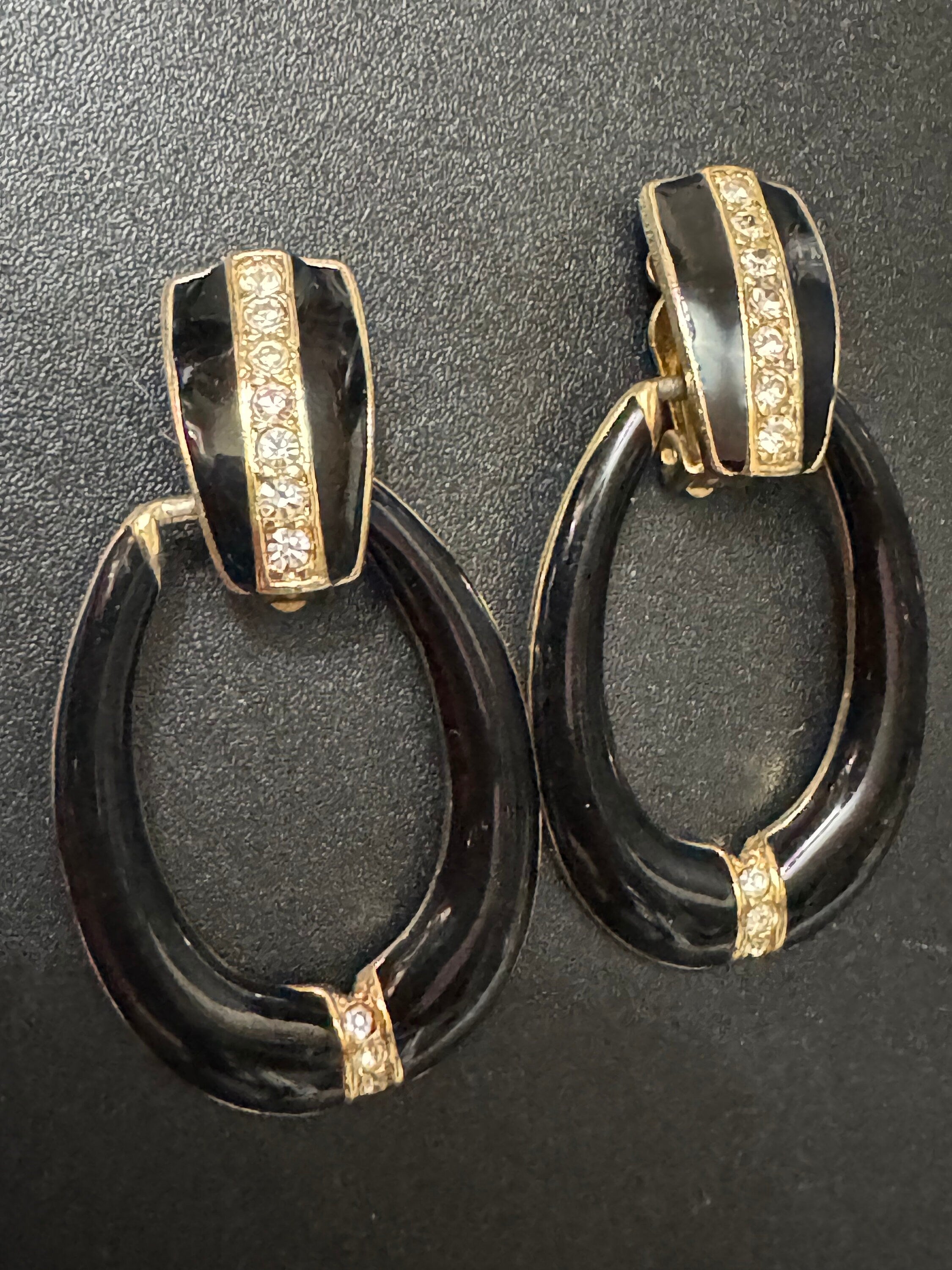 Gold black enamel diamanté door knocker striped clip on earrings