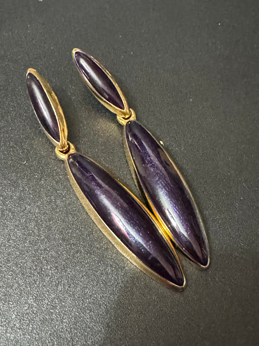 Vintage dark purple enamel door knocker drop earrings long for pierced ears