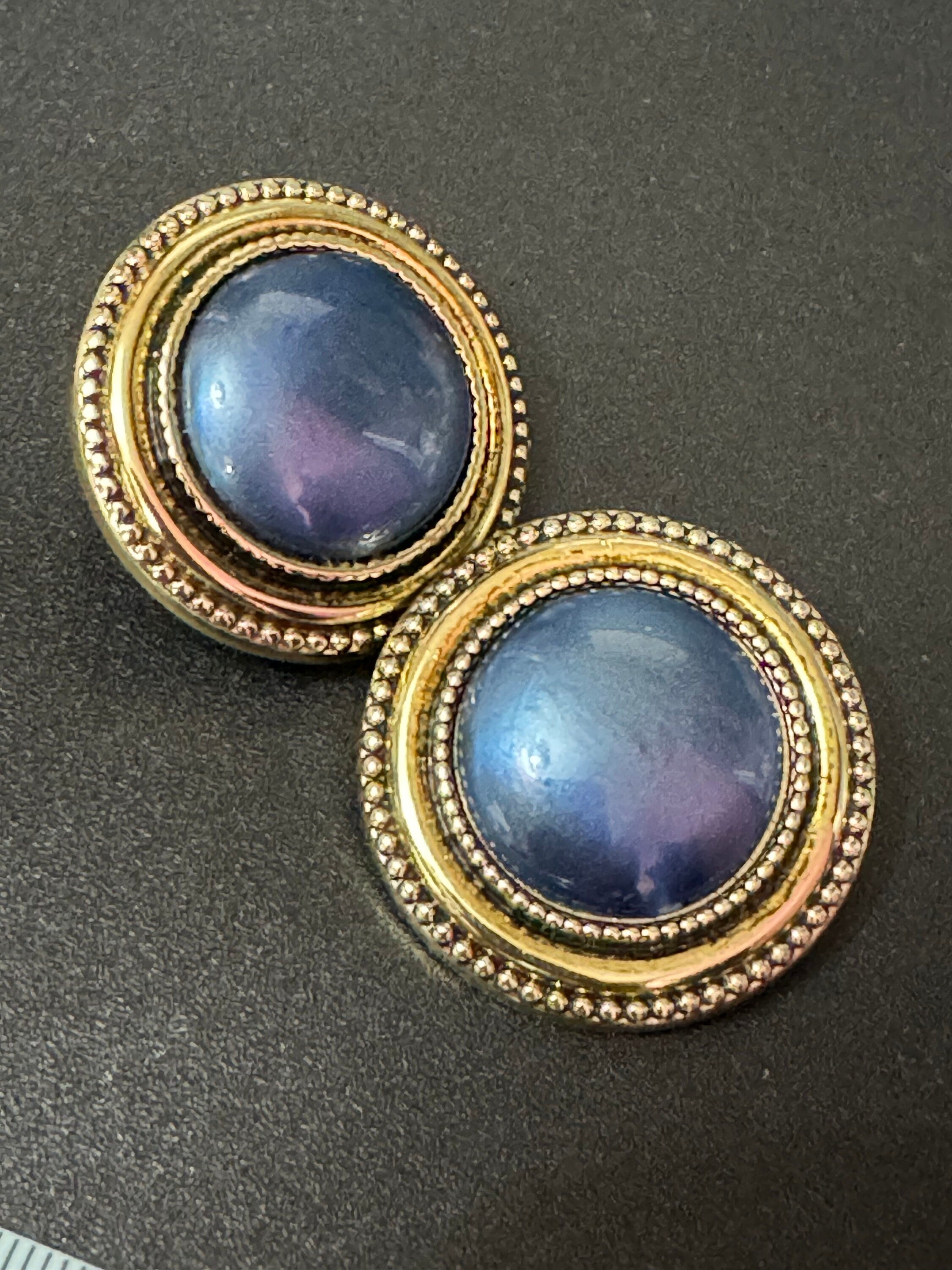 Vintage oversized dusky petrol blue  cabochon large button clip on earrings lightweight plastic 2.5cm