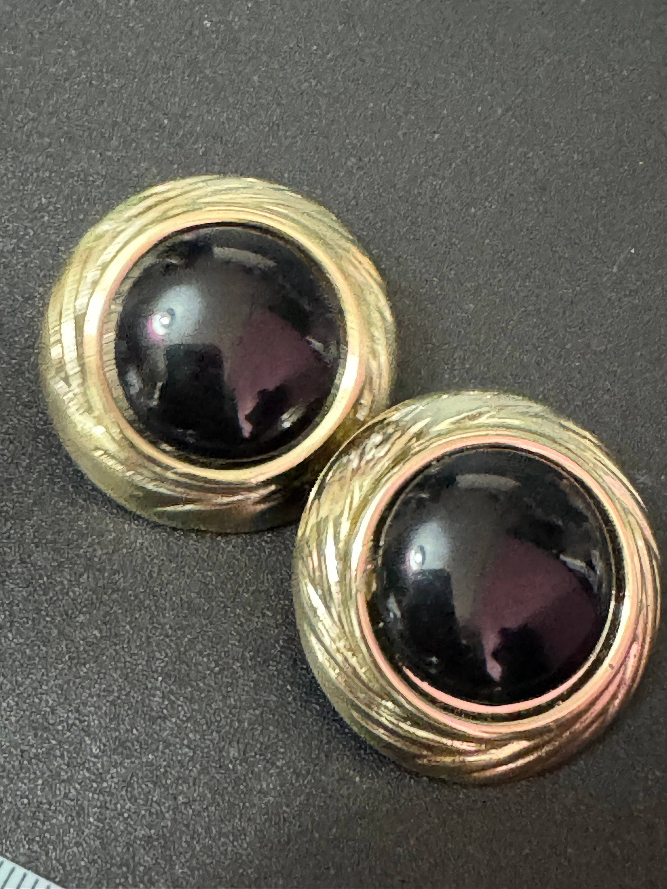 Large 2.5cm round shiny black gold tone plastic domed button clip on stud earrings