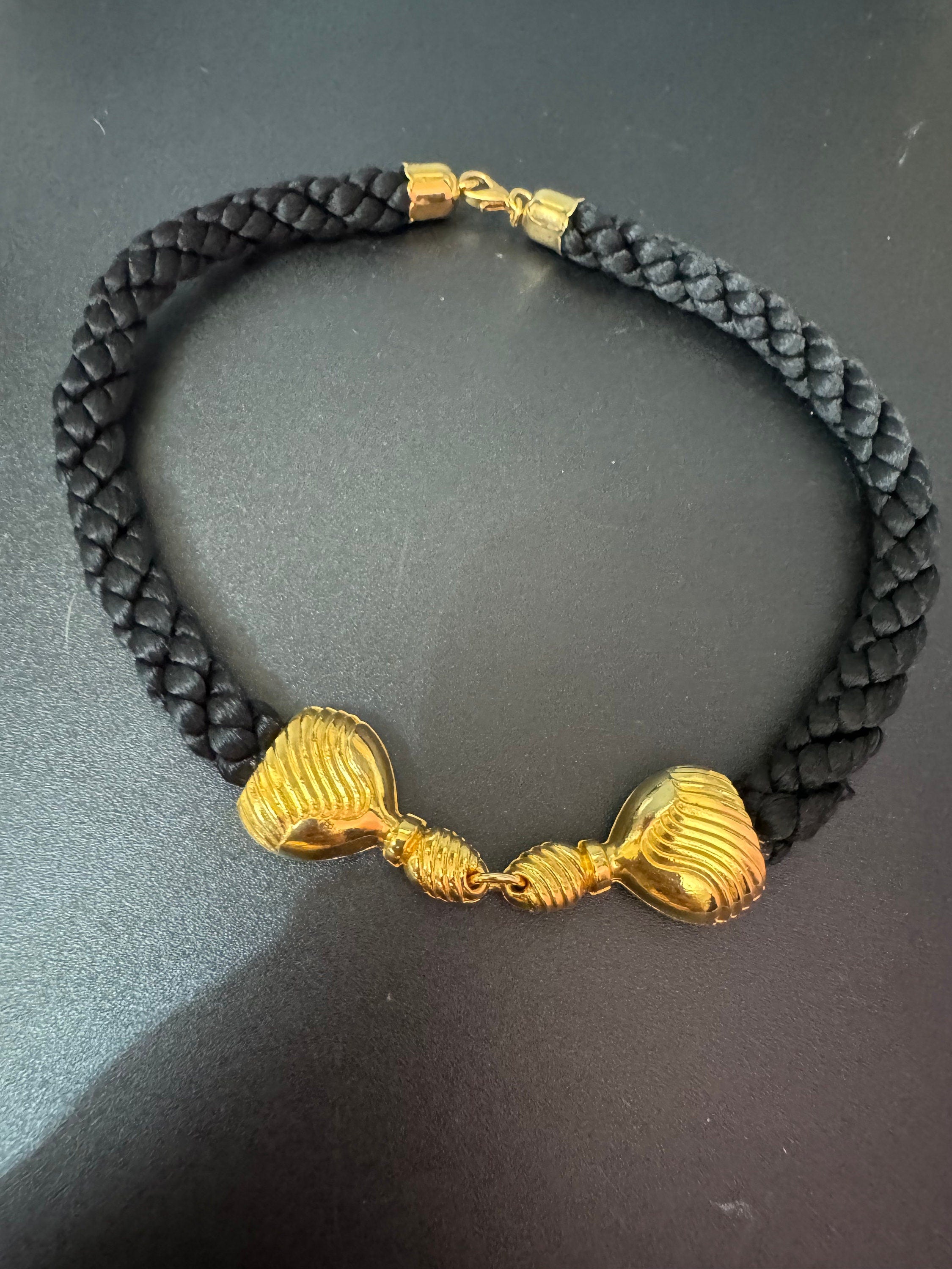 Vintage signed Ted Lapidus choker necklace Designed for the 1984 perfume Creation black woven rope with gold tone accents 38cm