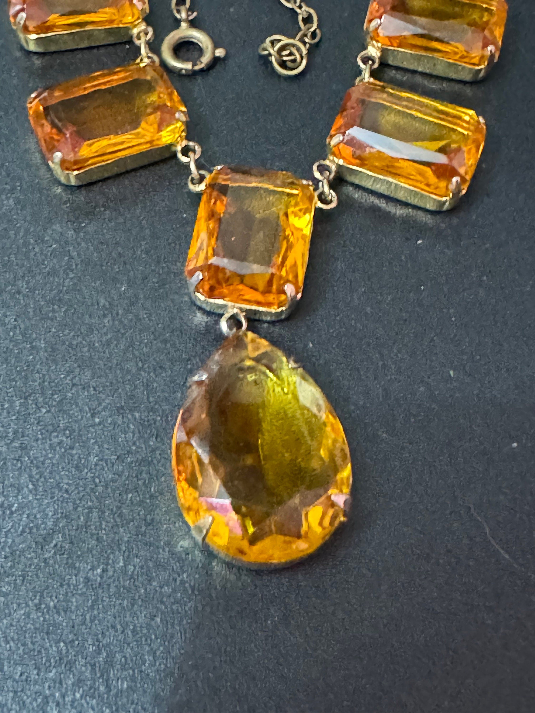 vintage orange citrine coloured glass chunky faceted crystal paste bezel open back crystal necklace gilt gold tone metal 44.5cm 17.5 inches