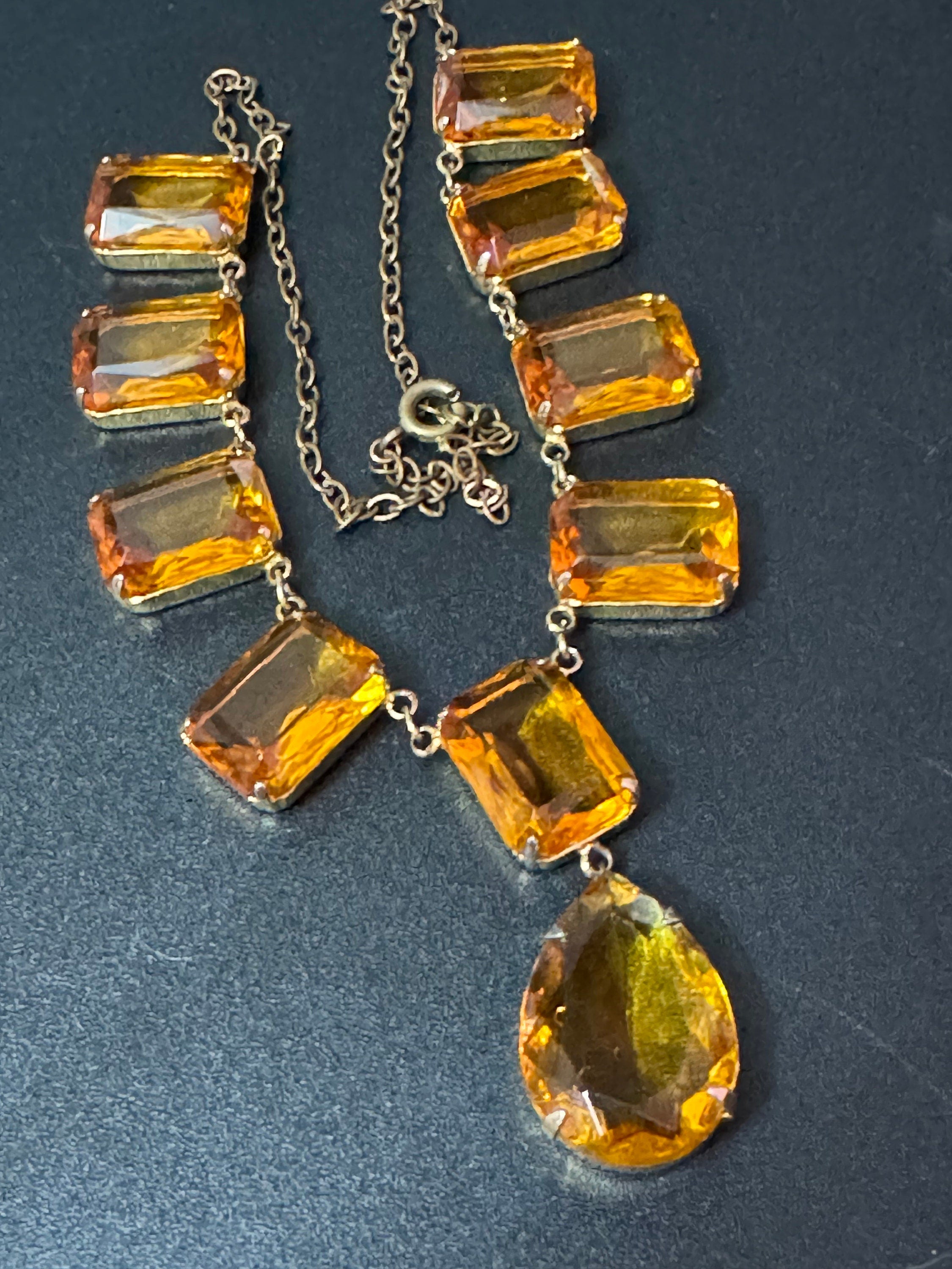 vintage orange citrine coloured glass chunky faceted crystal paste bezel open back crystal necklace gilt gold tone metal 44.5cm 17.5 inches