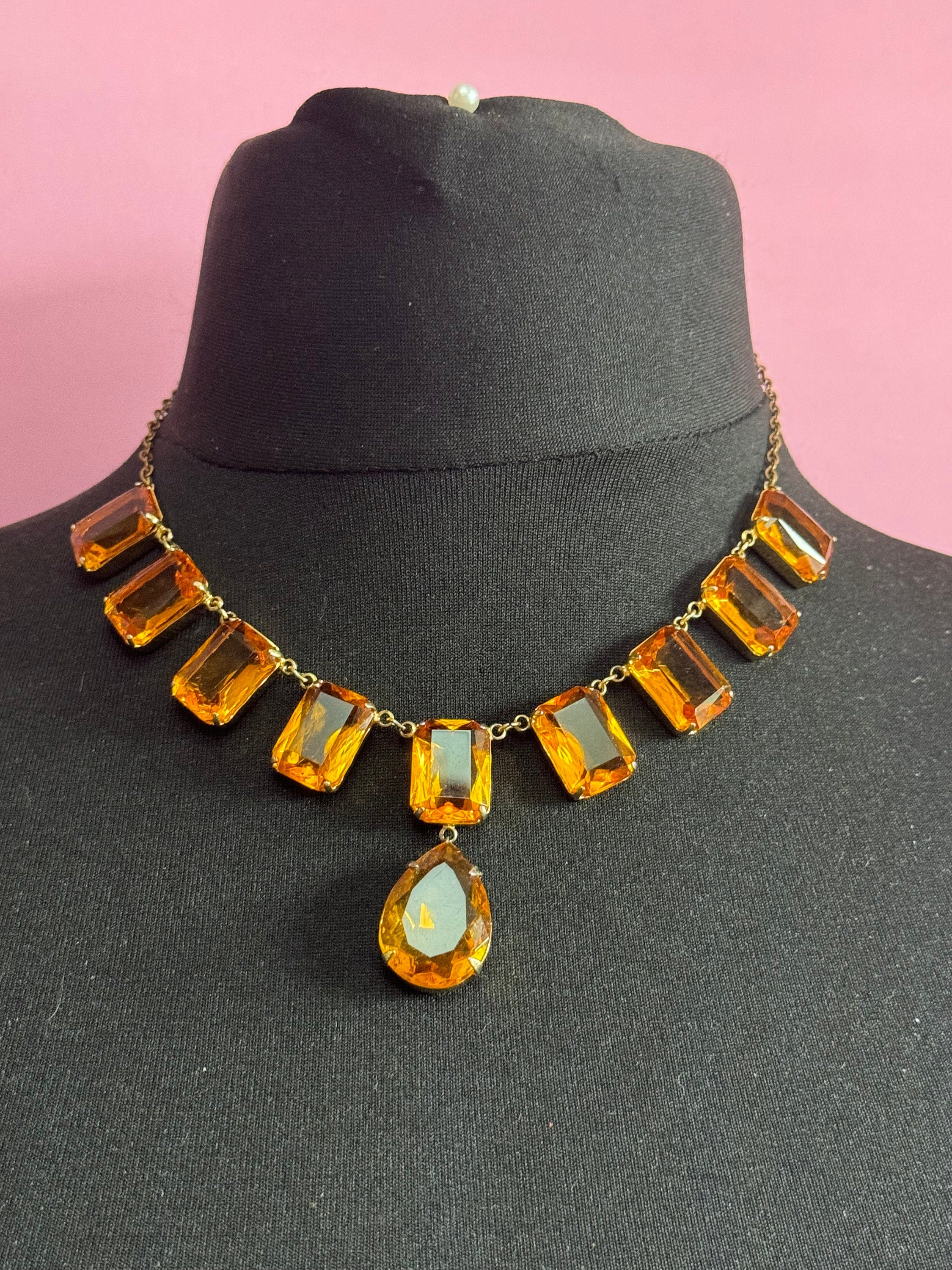 vintage orange citrine coloured glass chunky faceted crystal paste bezel open back crystal necklace gilt gold tone metal 44.5cm 17.5 inches