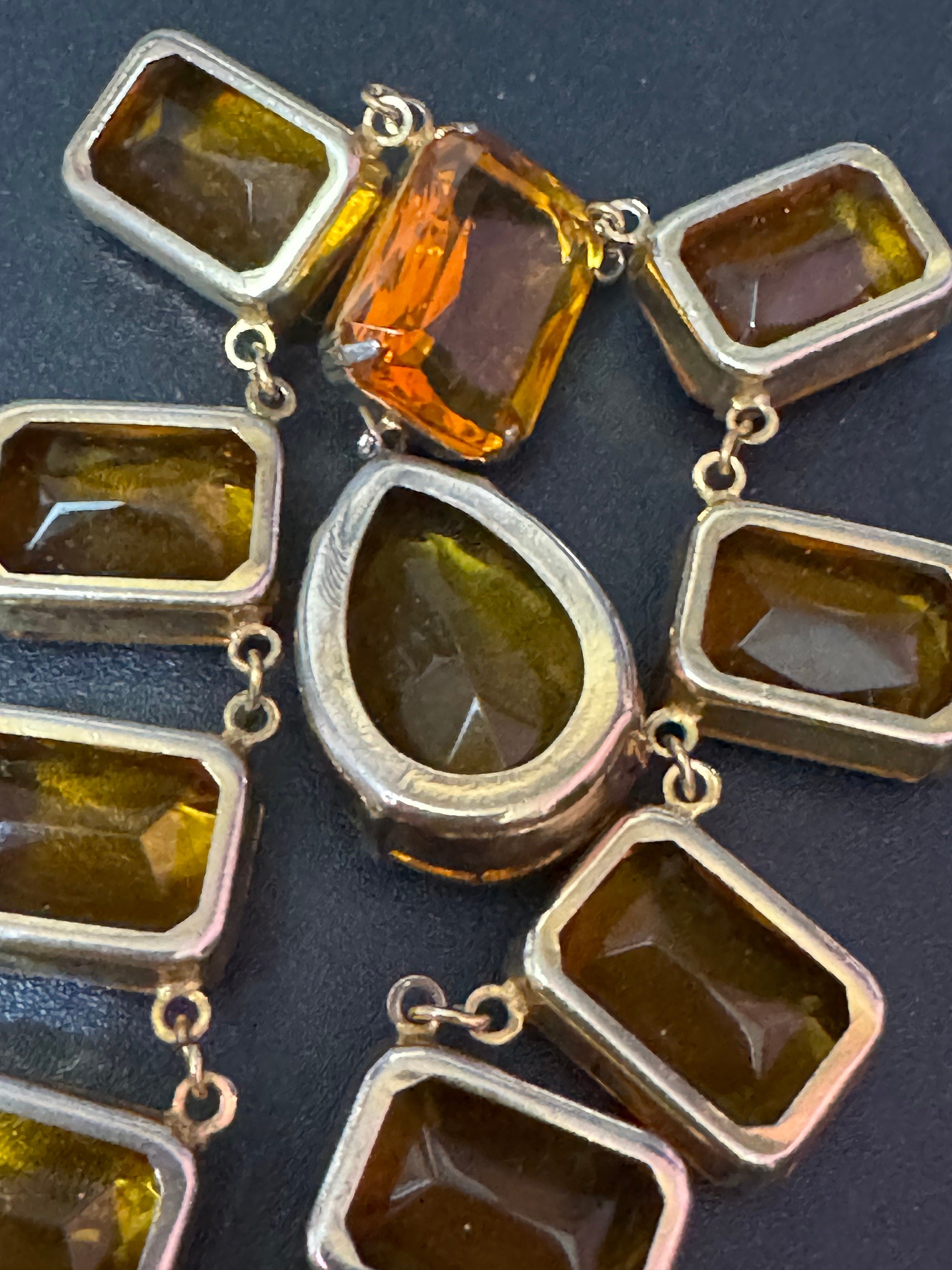 vintage orange citrine coloured glass chunky faceted crystal paste bezel open back crystal necklace gilt gold tone metal 44.5cm 17.5 inches