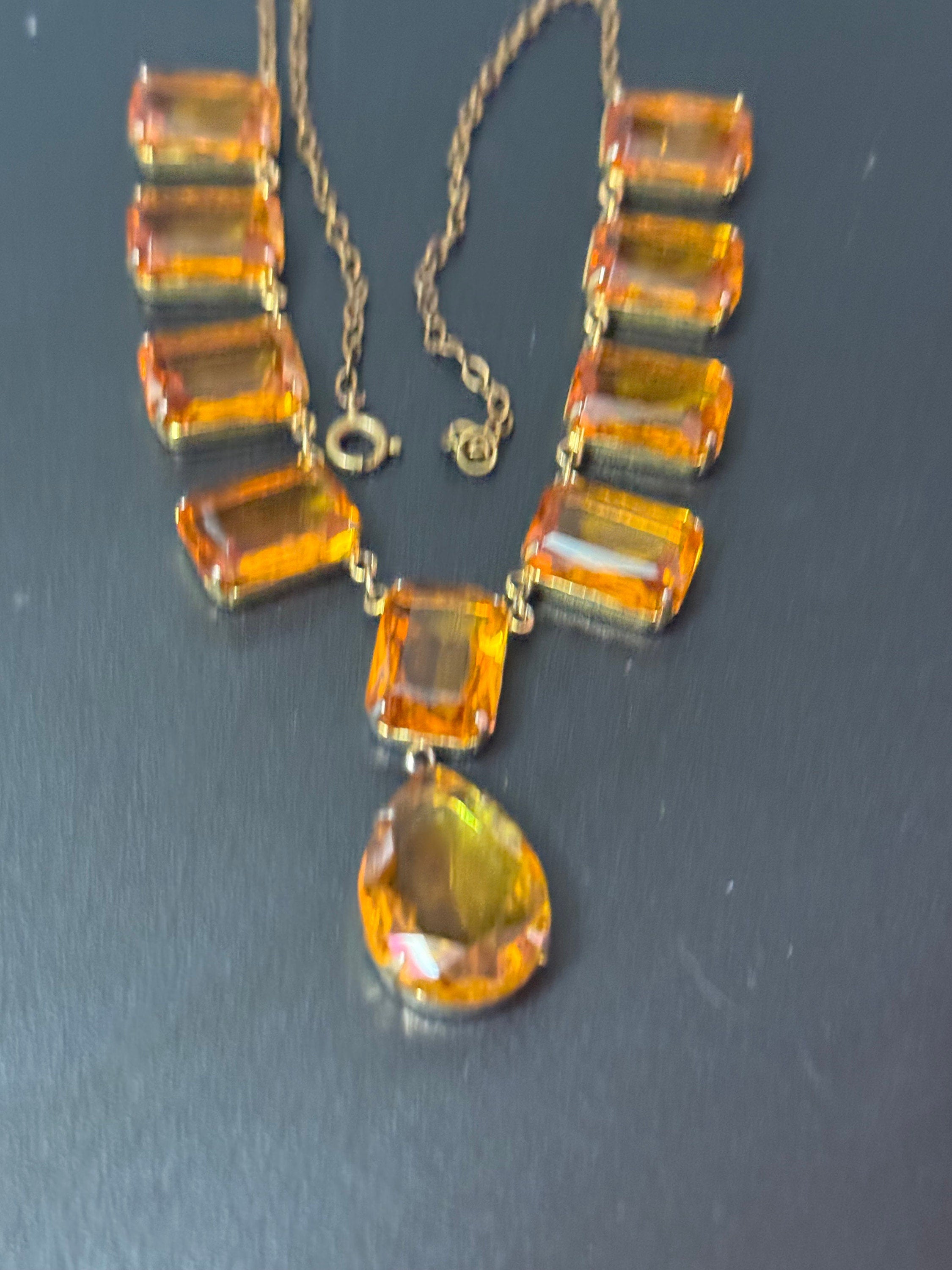 vintage orange citrine coloured glass chunky faceted crystal paste bezel open back crystal necklace gilt gold tone metal 44.5cm 17.5 inches