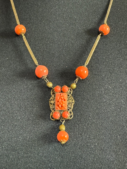 Antique vintage 1920s 1930s fine gilt chain oriental Chinese carved molded coral glass necklace Czech neiger