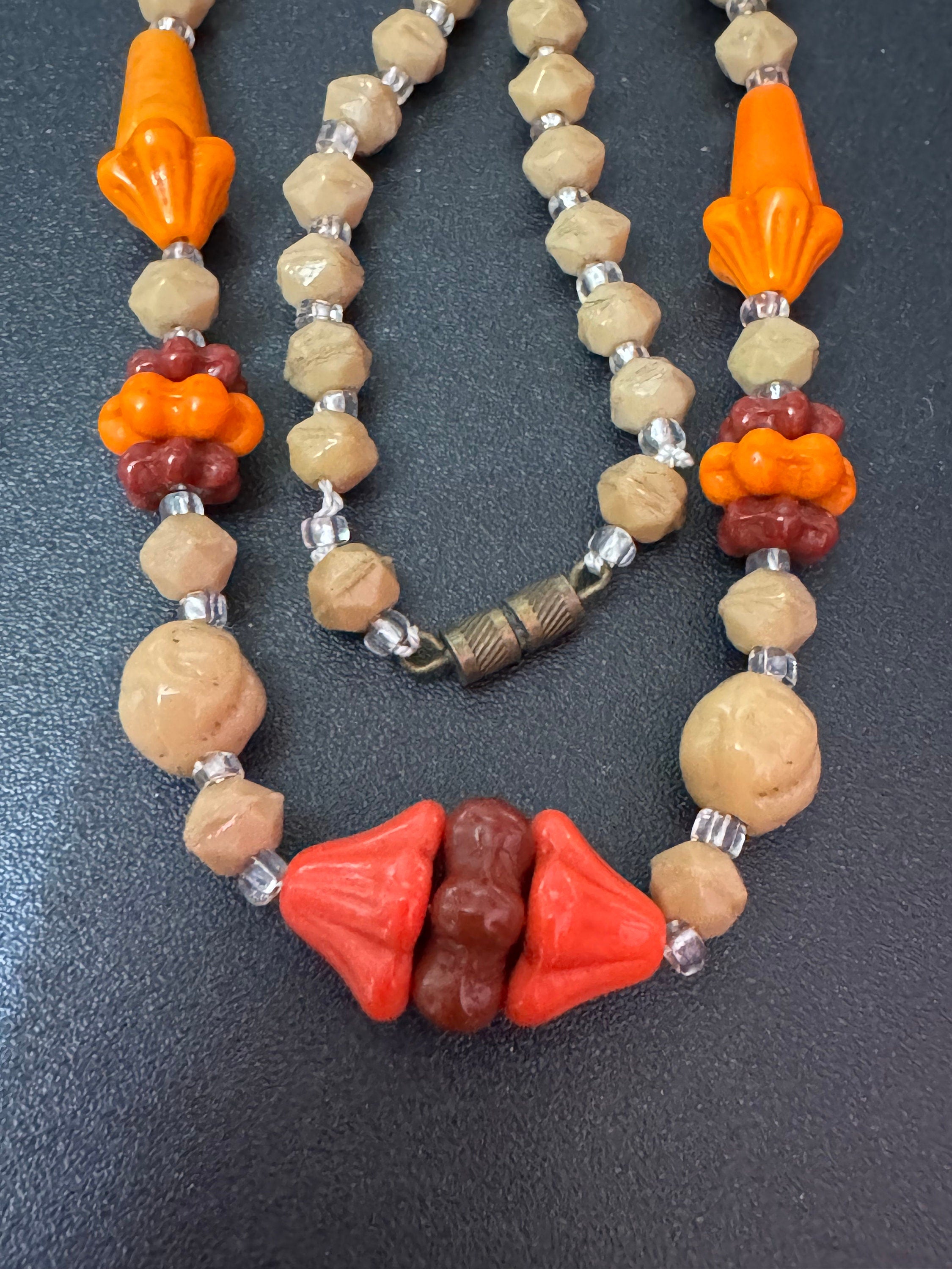 Vintage Art Deco Geometric ceramic beaded necklace Brown Beige orange Red glass beads 41cm