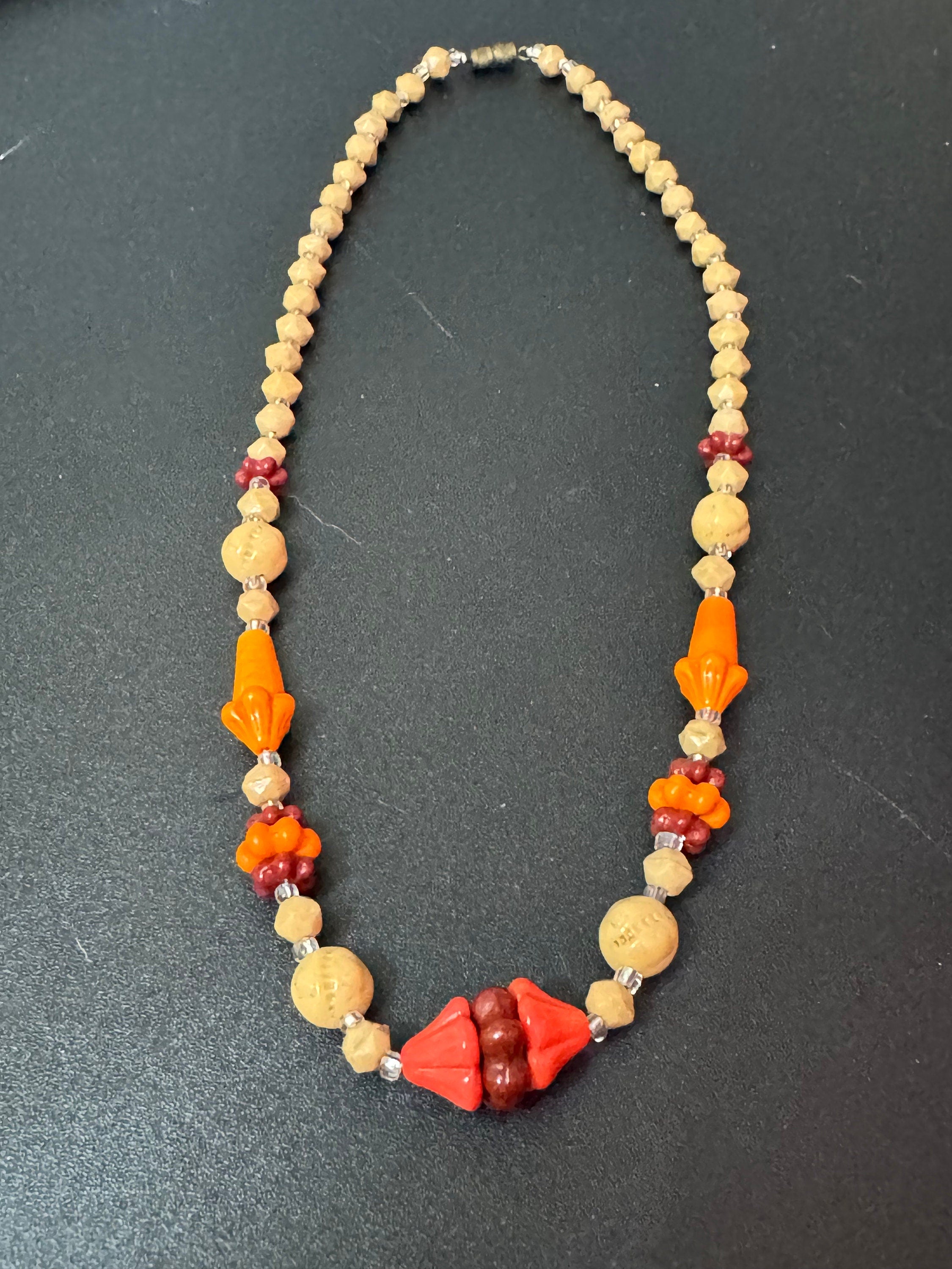 Vintage Art Deco Geometric ceramic beaded necklace Brown Beige orange Red glass beads 41cm