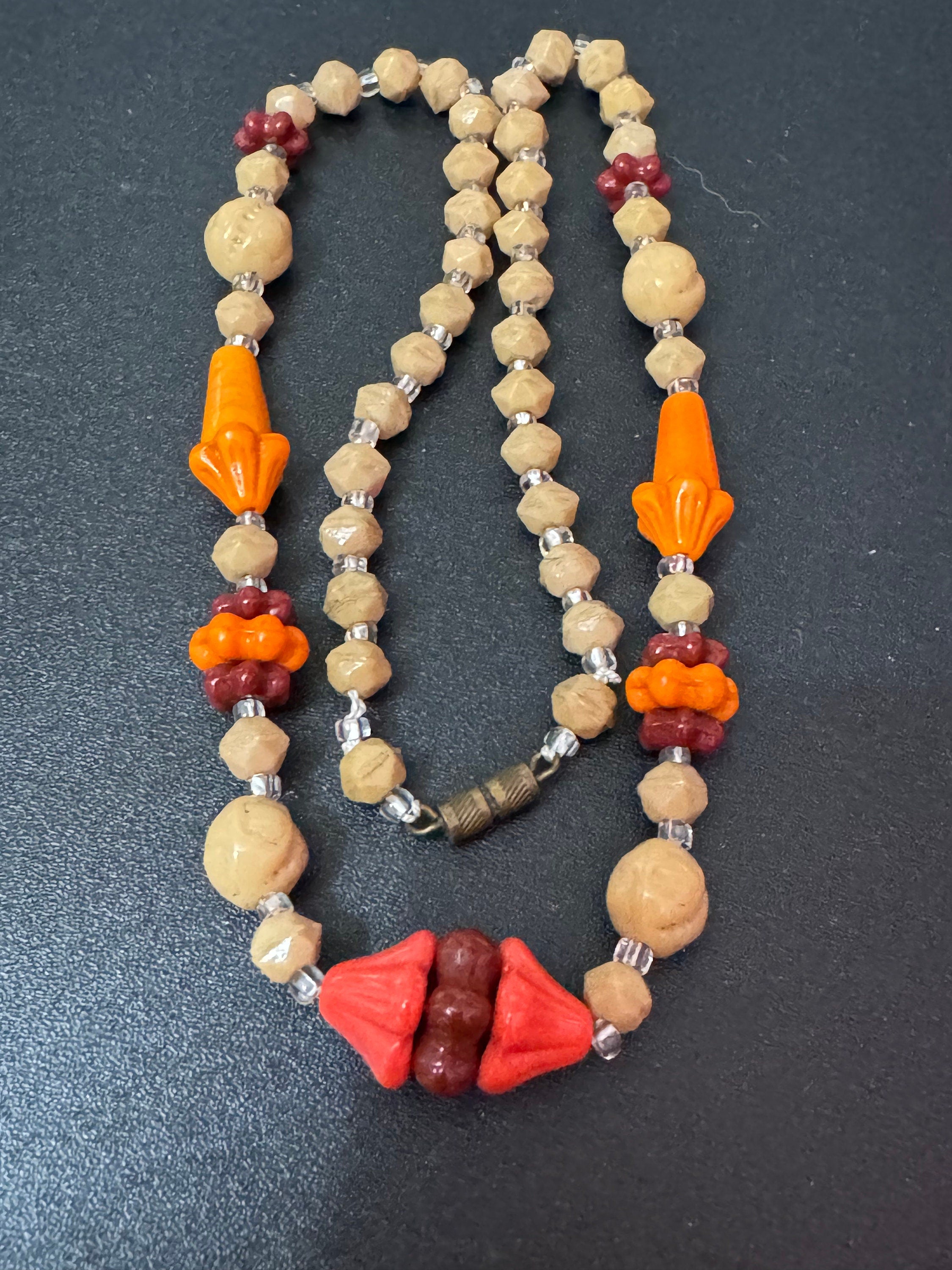 Vintage Art Deco Geometric ceramic beaded necklace Brown Beige orange Red glass beads 41cm