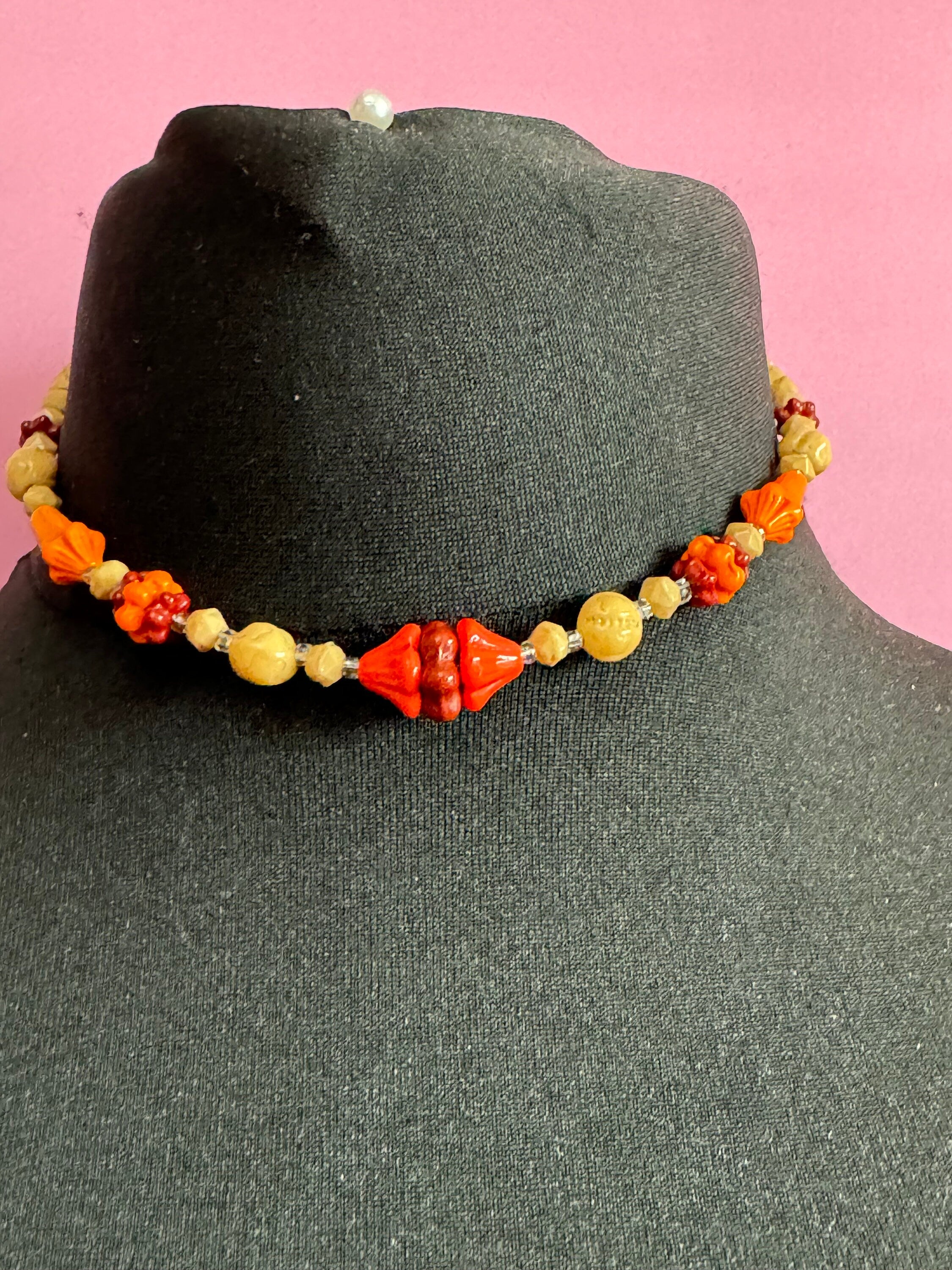 Vintage Art Deco Geometric ceramic beaded necklace Brown Beige orange Red glass beads 41cm