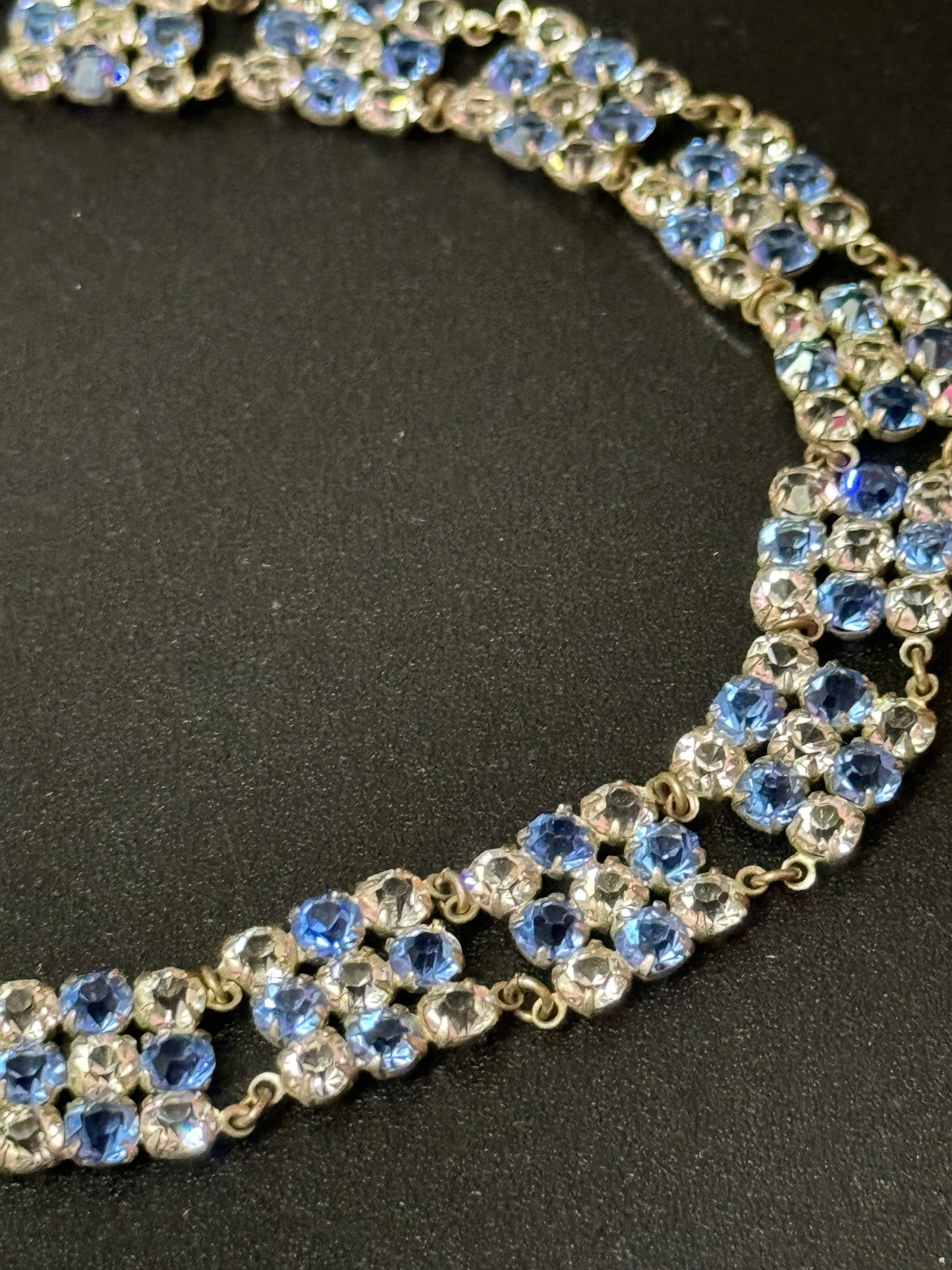 Antique vintage silver tone open back clear and sapphire blue crystal square panel chain link Art Deco Edwardian bracelet