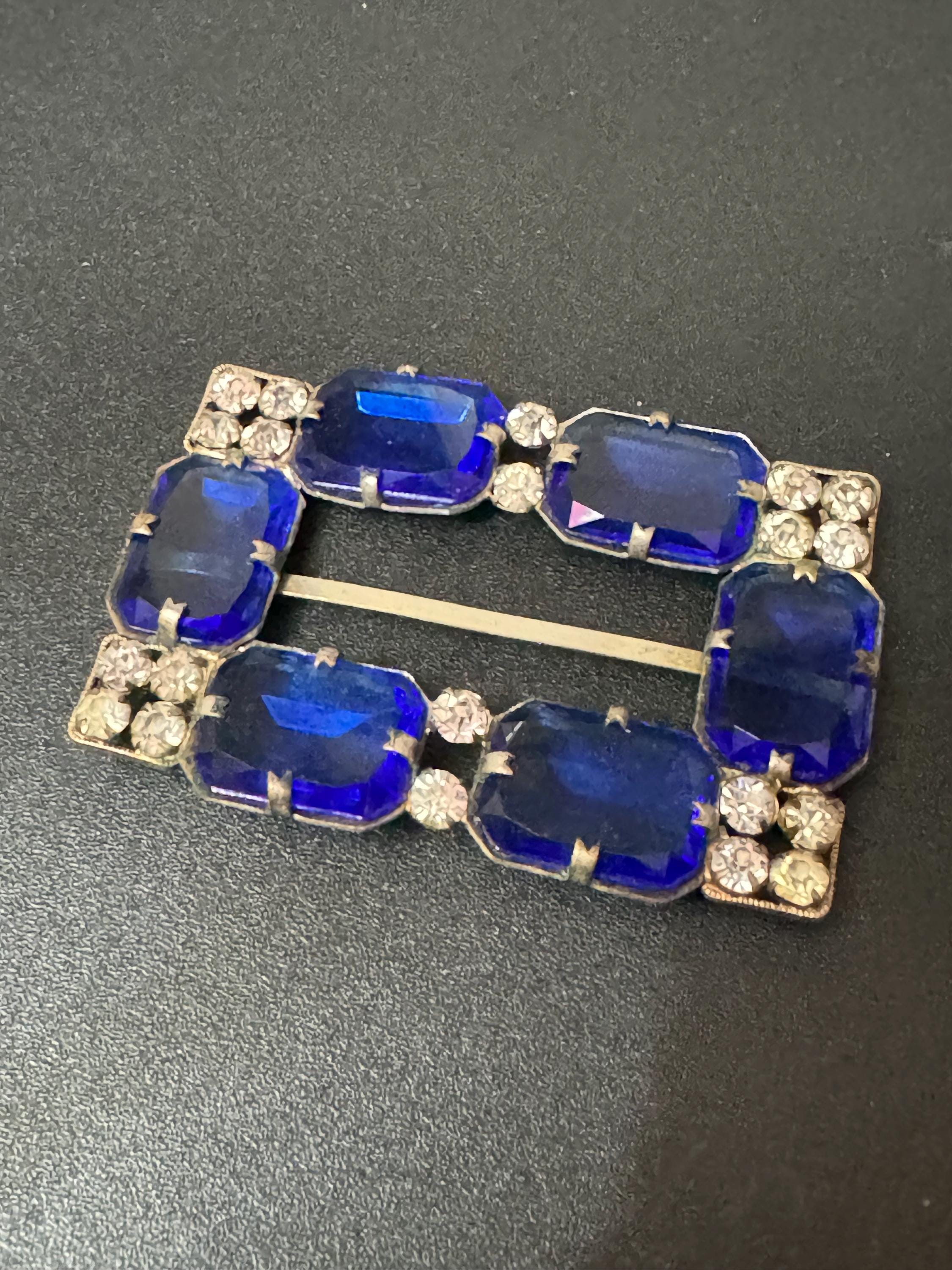 Large Antique rectangular czech Clear & sapphire blue Glass Diamanté Belt Buckle