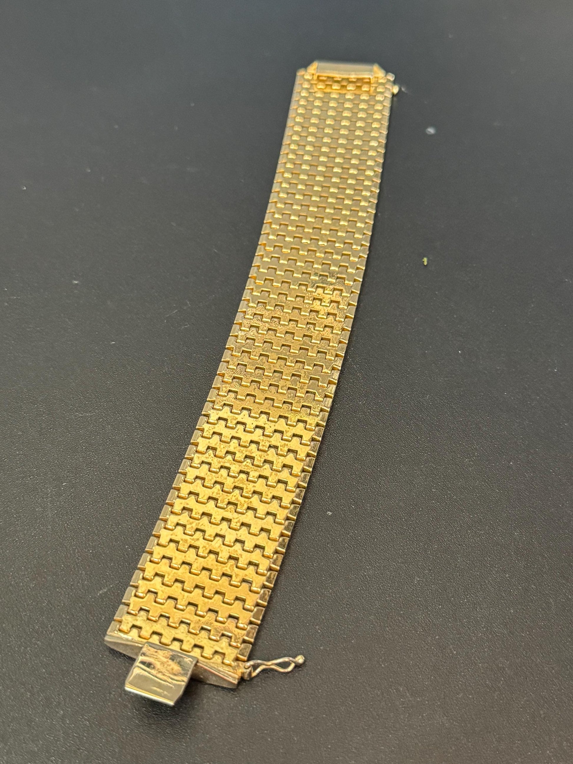 1970s articulated flat stamped Italy plaque 18k gold plated cuff wrap bracelet 18.5cm long x 2.75cm Italian