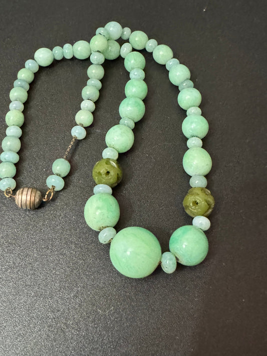 Antique Chinese carved natural jade necklace with green mottled peking glass beads Art Deco beaded period 45cm