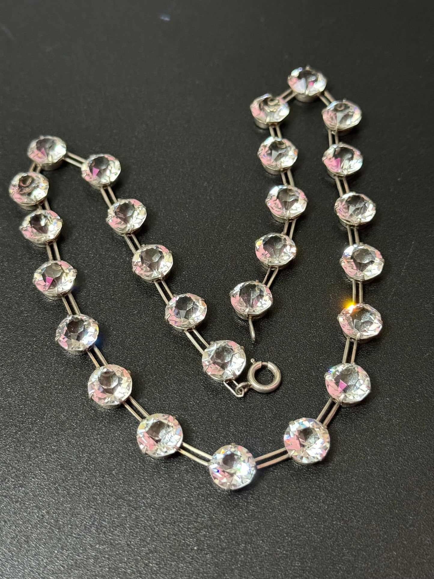 39cm petite fit Art Deco sterling silver square open back crystal clear diamanté Paste Rhinestone glass necklace 1920s