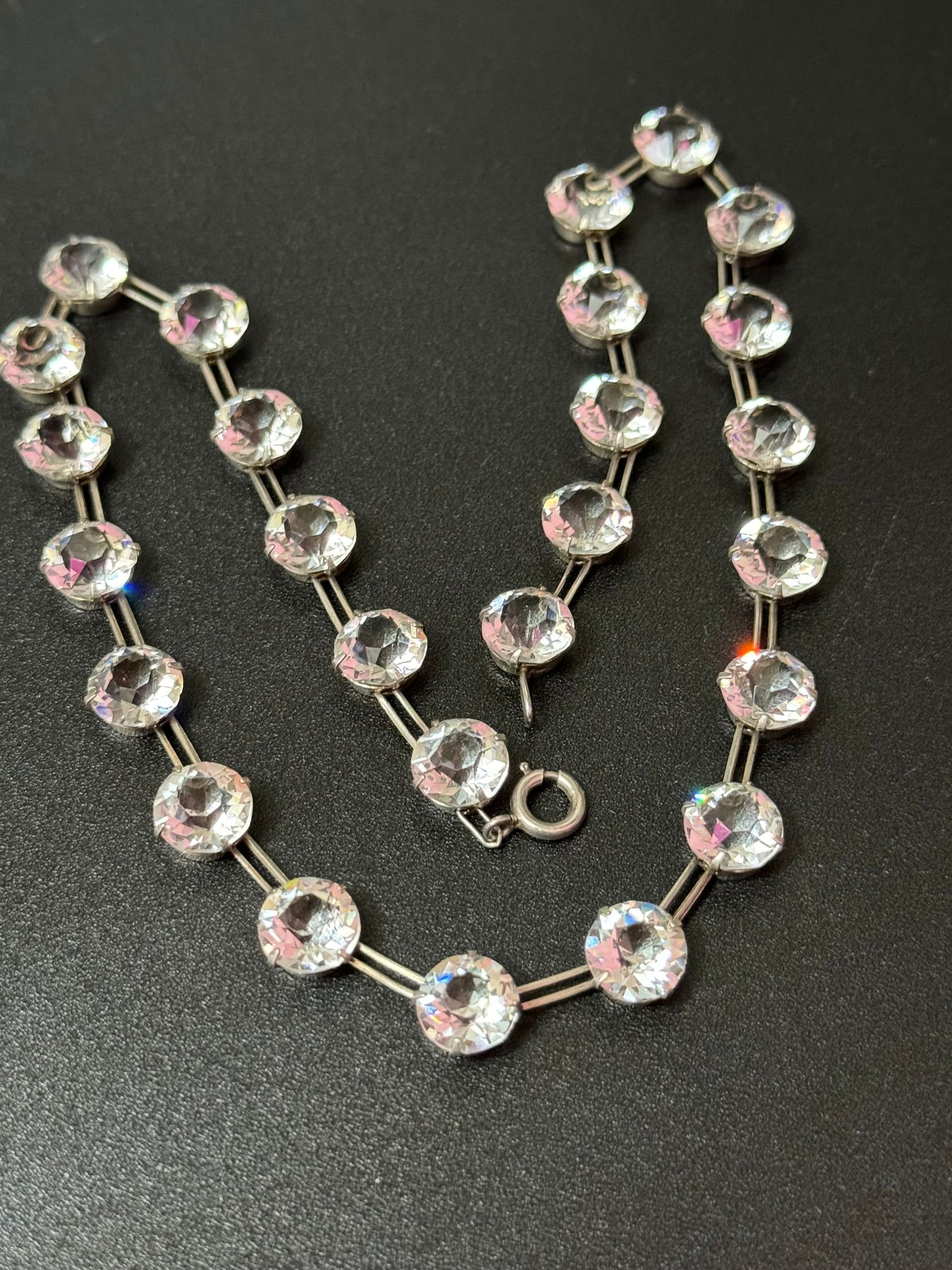 39cm petite fit Art Deco sterling silver open back crystal clear diamanté Paste Rhinestone glass necklace 1920s