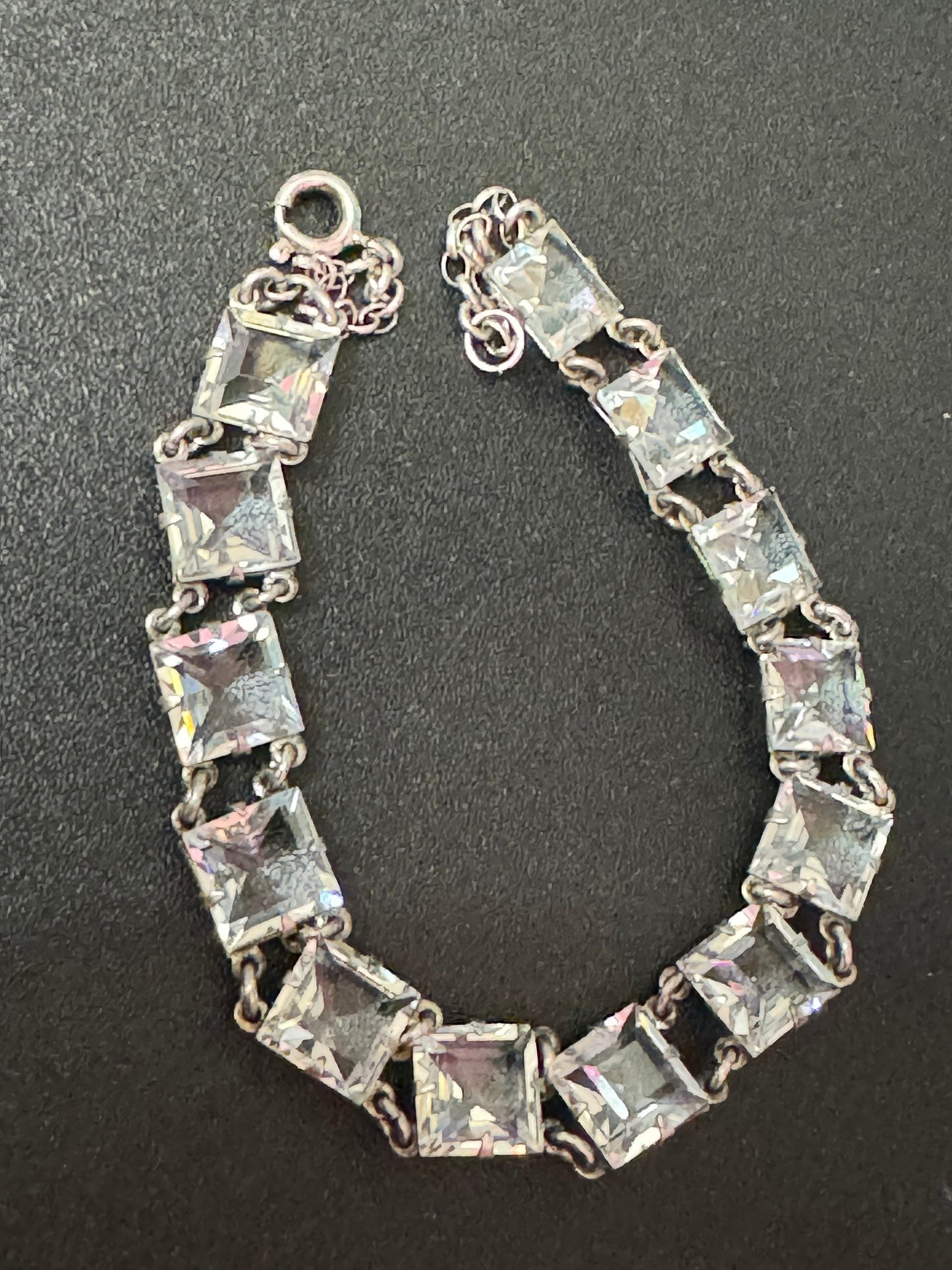 Antique open back clear crystal square stones chain link Art Deco bracelet 18cm