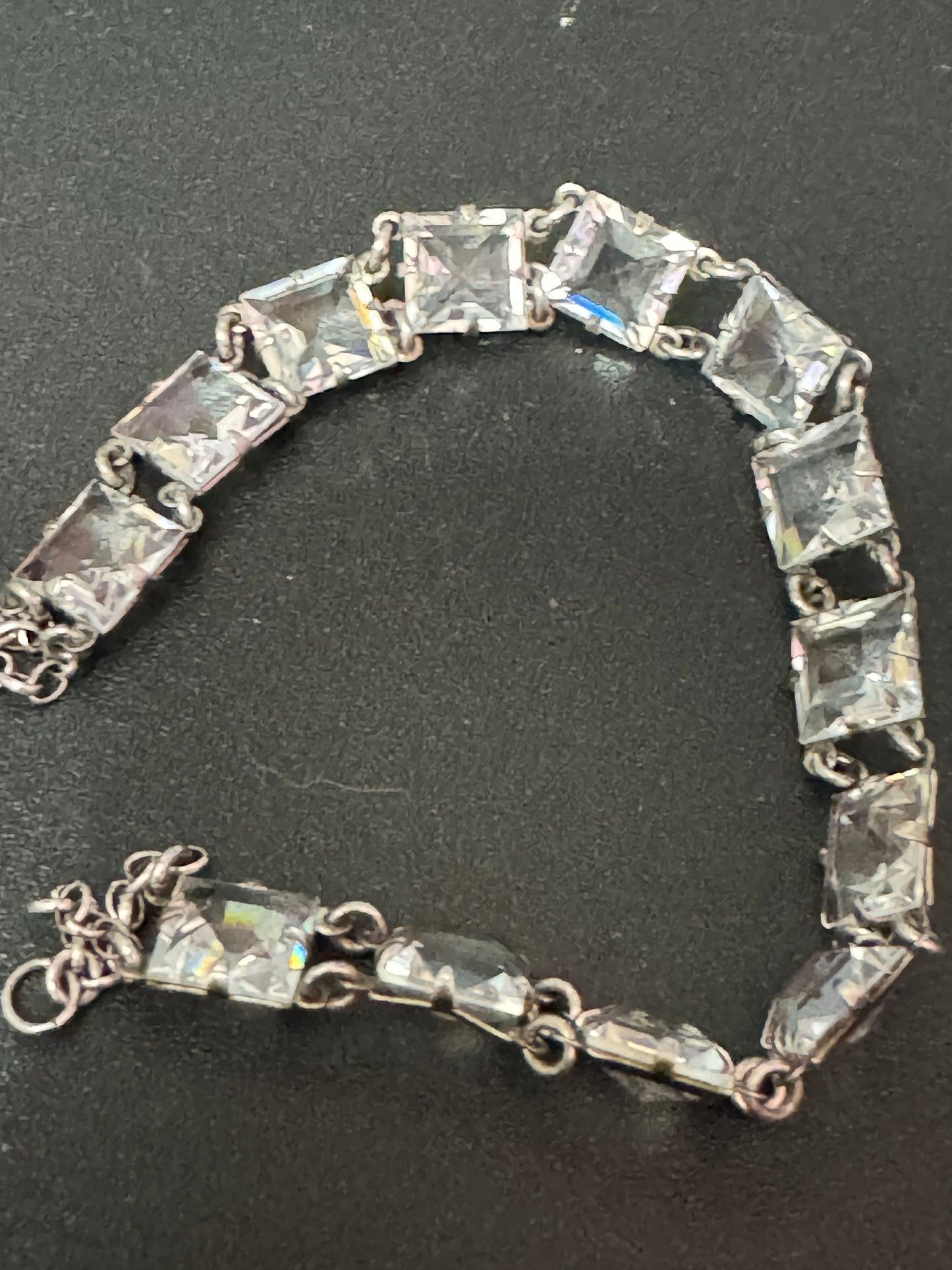 Antique open back clear crystal square stones chain link Art Deco bracelet 18cm