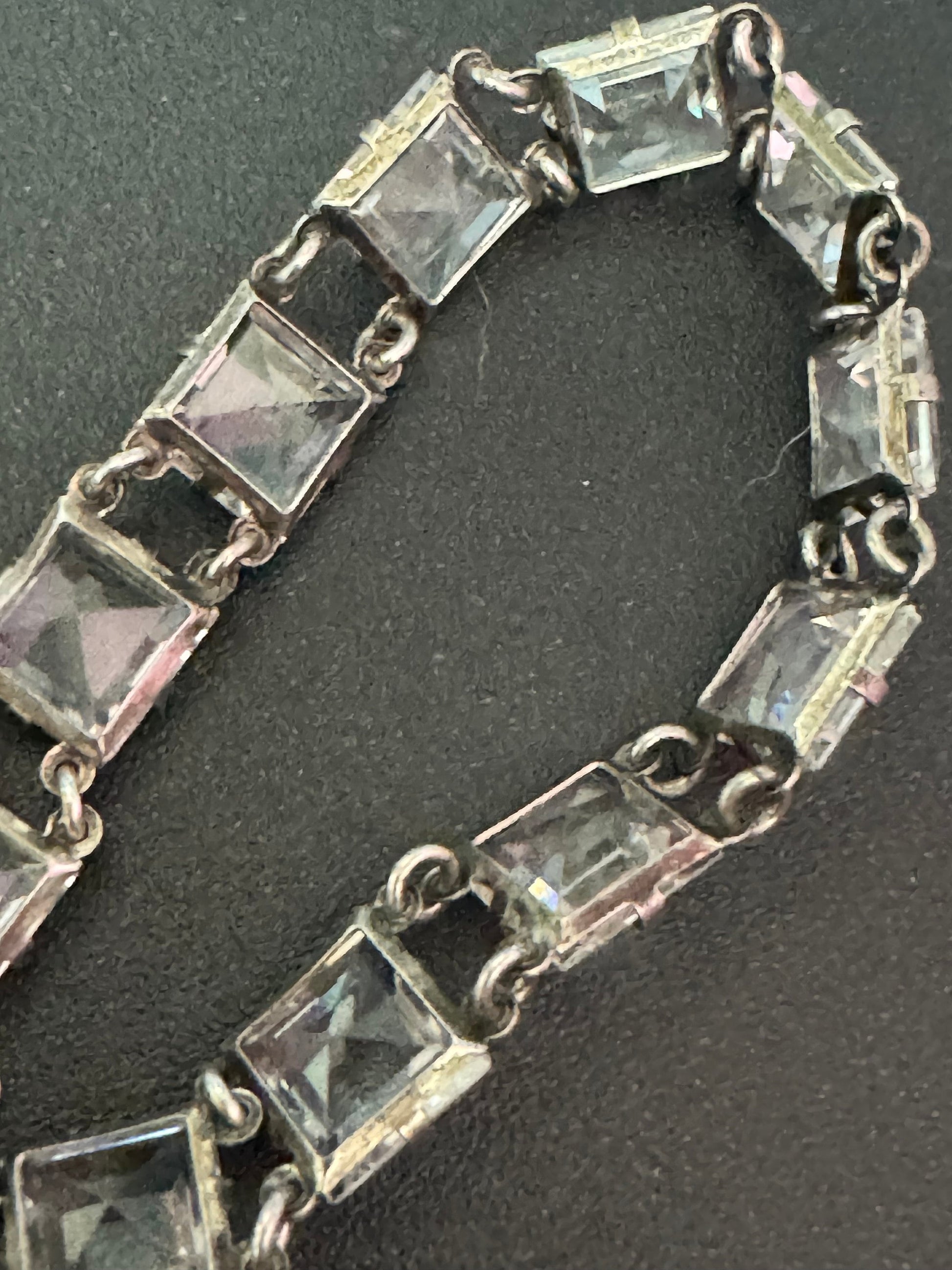 Antique open back clear crystal square stones chain link Art Deco bracelet 18cm