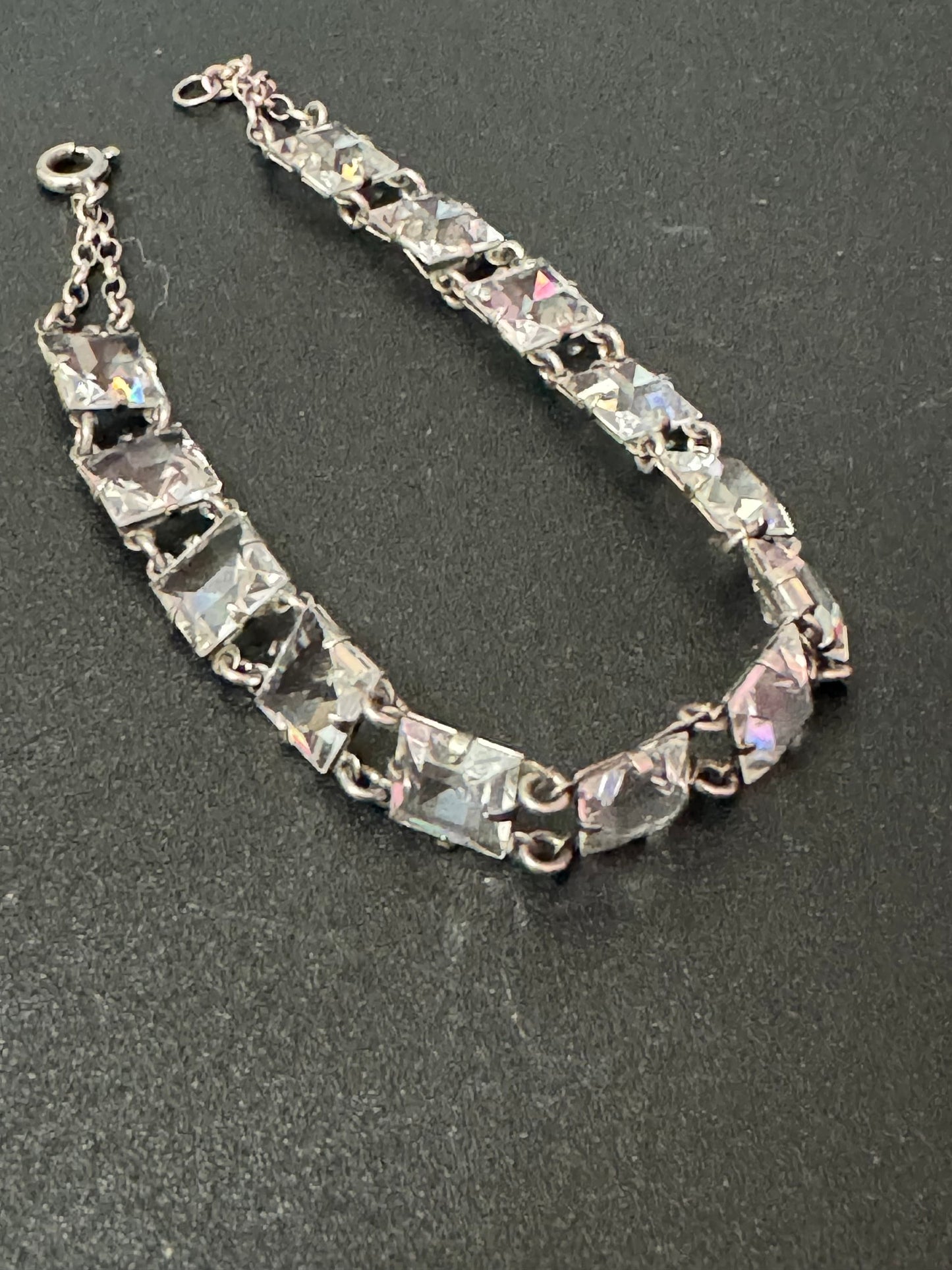 Antique open back clear crystal square stones chain link Art Deco bracelet 18cm