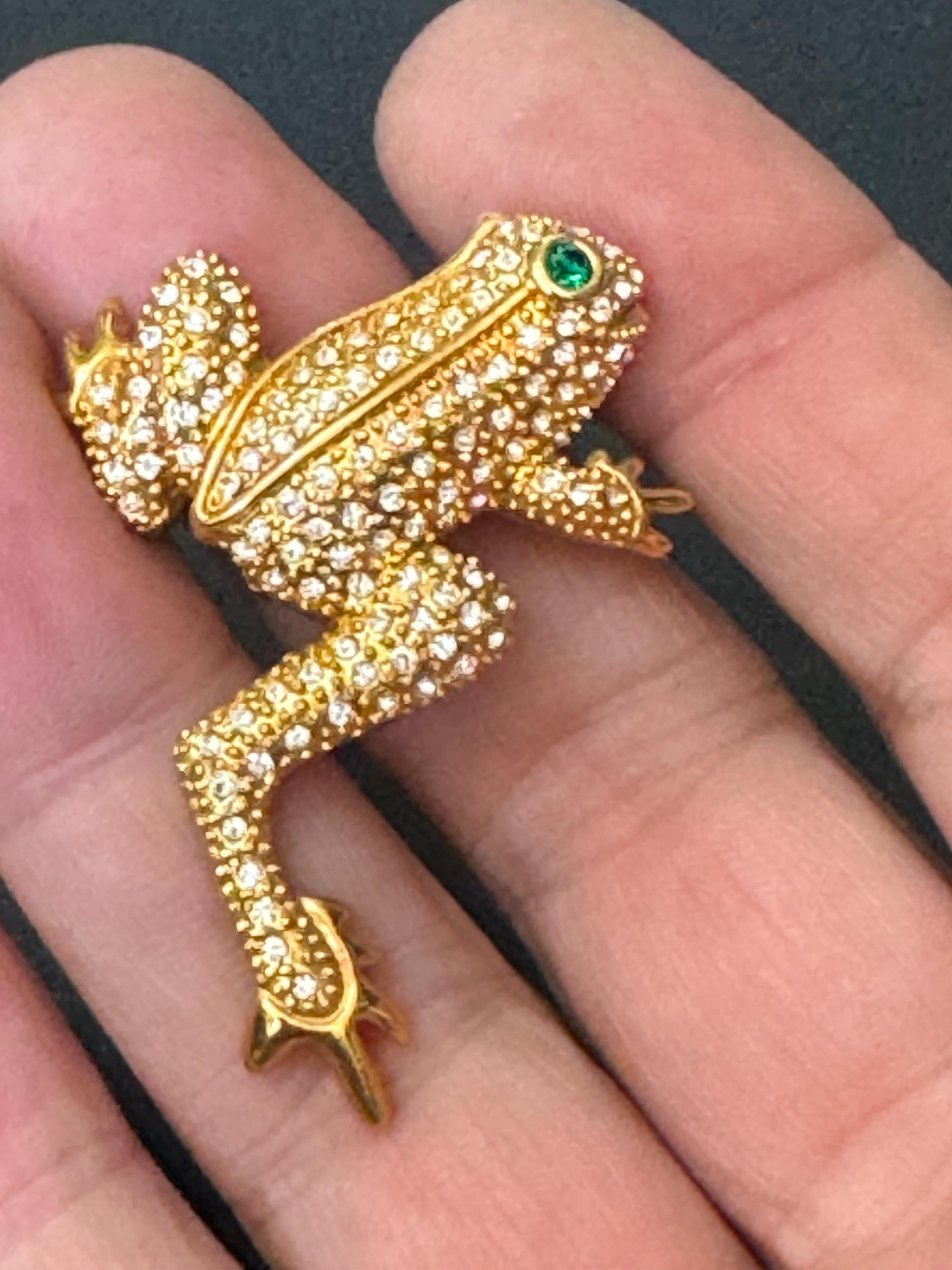 Signed JBK Camrose & Kross Jacqueline Kennedy gold tone novelty diamanté frog JBK brooch 1980s