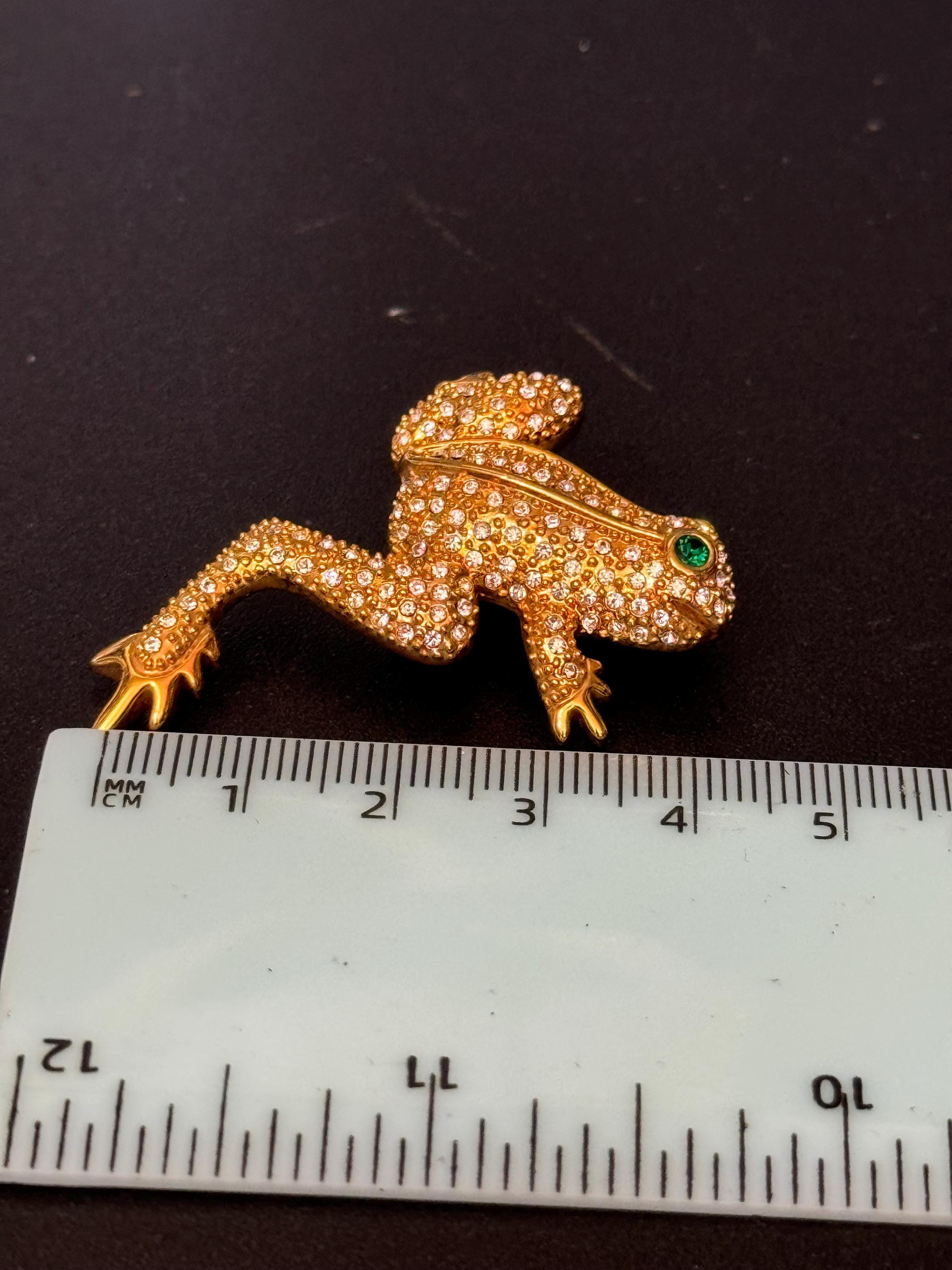 Signed JBK Camrose & Kross Jacqueline Kennedy gold tone novelty diamanté frog JBK brooch 1980s