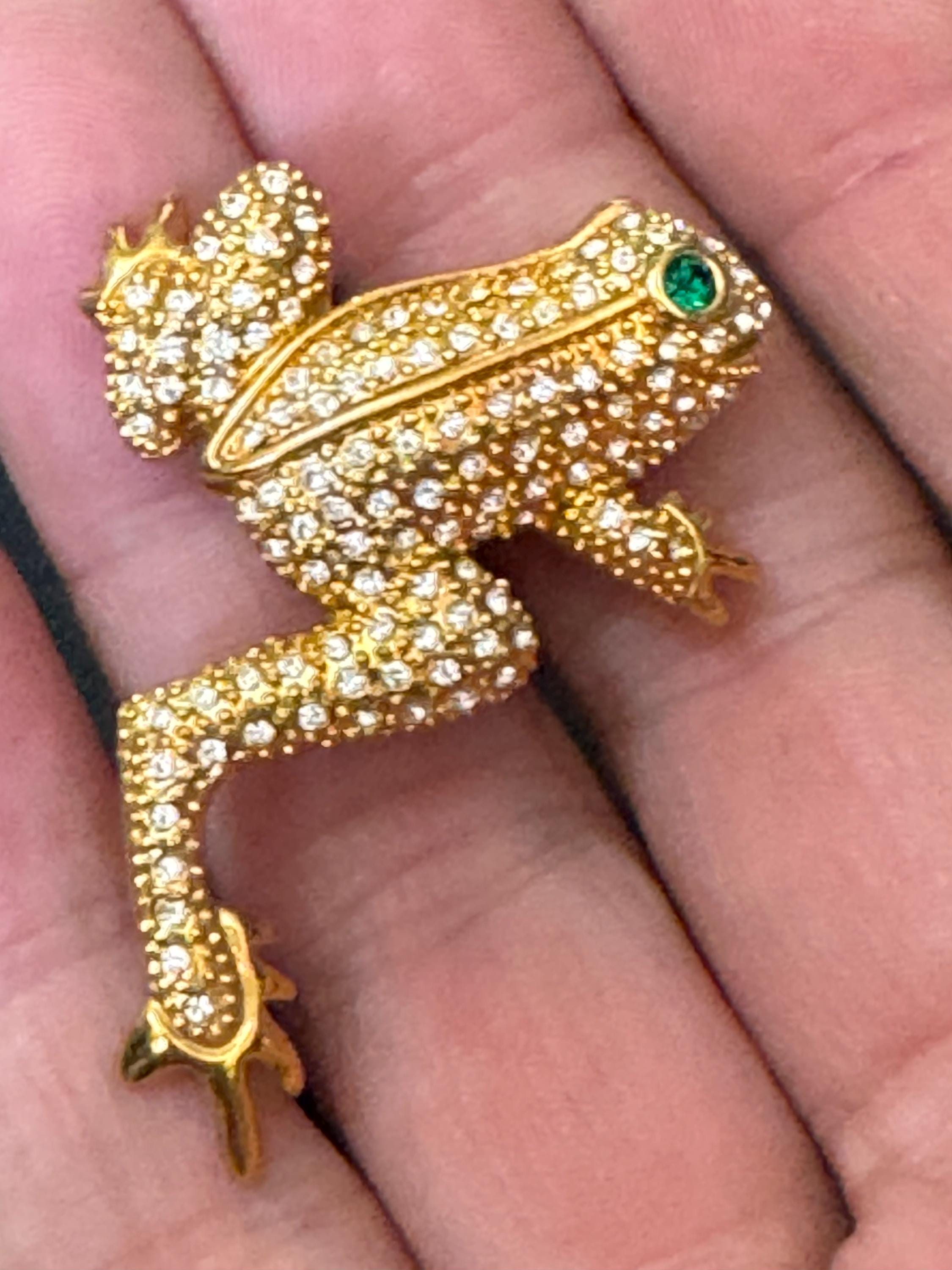 Signed JBK Camrose & Kross Jacqueline Kennedy gold tone novelty diamanté frog JBK brooch 1980s