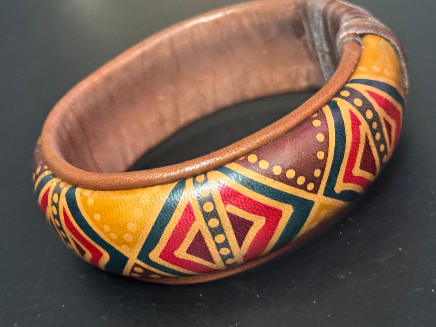 Australian African colourful print tribal leather on wood wide cuff bangle bracelet stacking layering Vintage retro red green brown