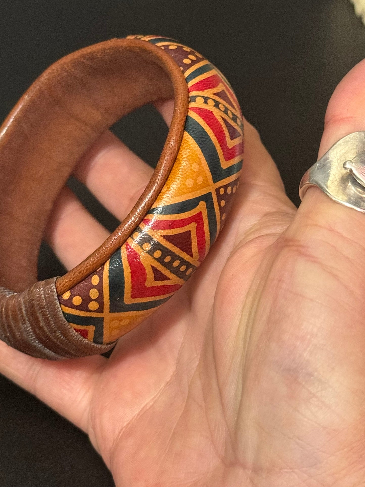 Australian African colourful print tribal leather on wood wide cuff bangle bracelet stacking layering Vintage retro red green brown