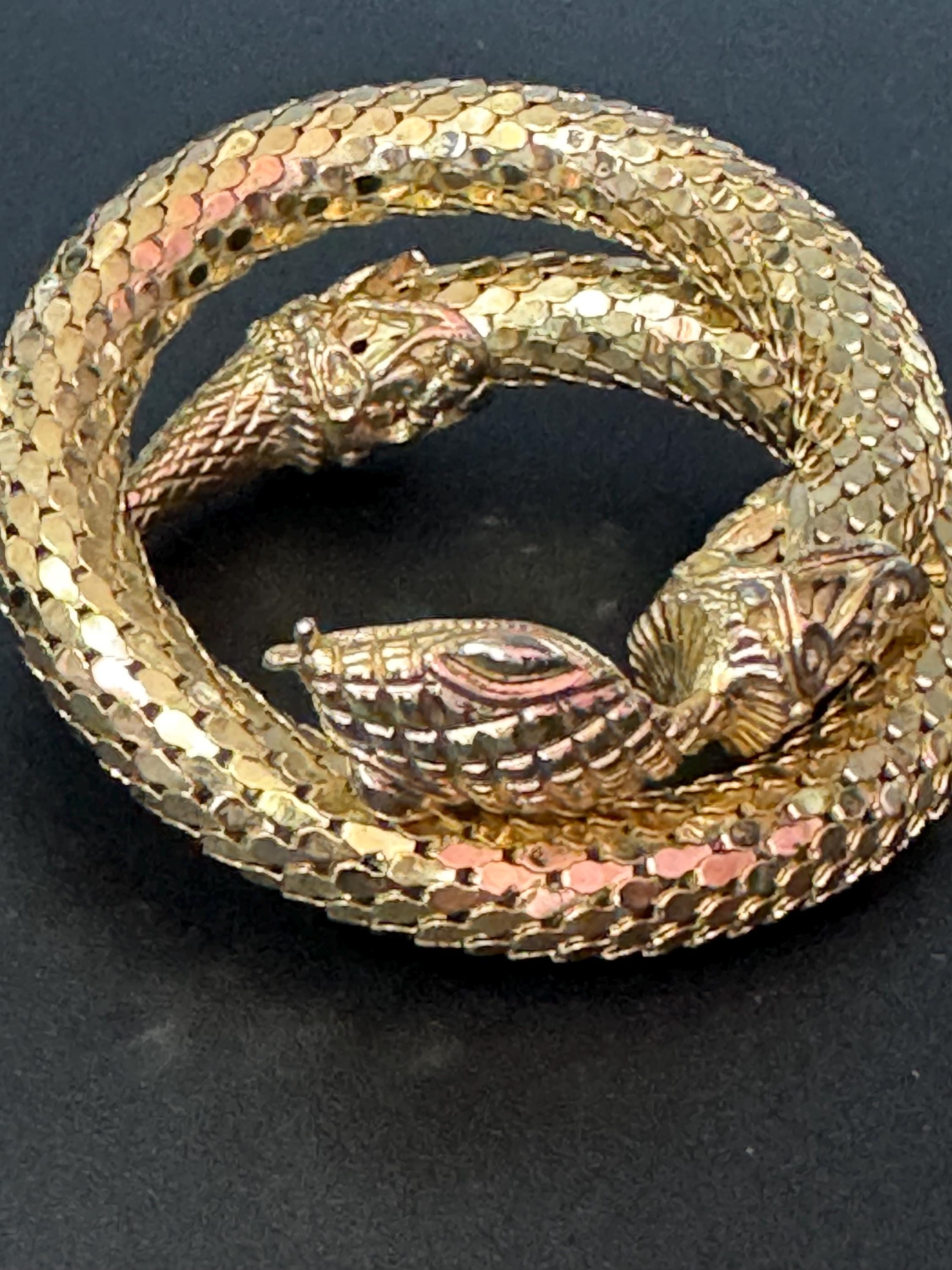 Whiting and Davis Vintage gold tone mesh snake Bangle clamper wrap bracelet signed