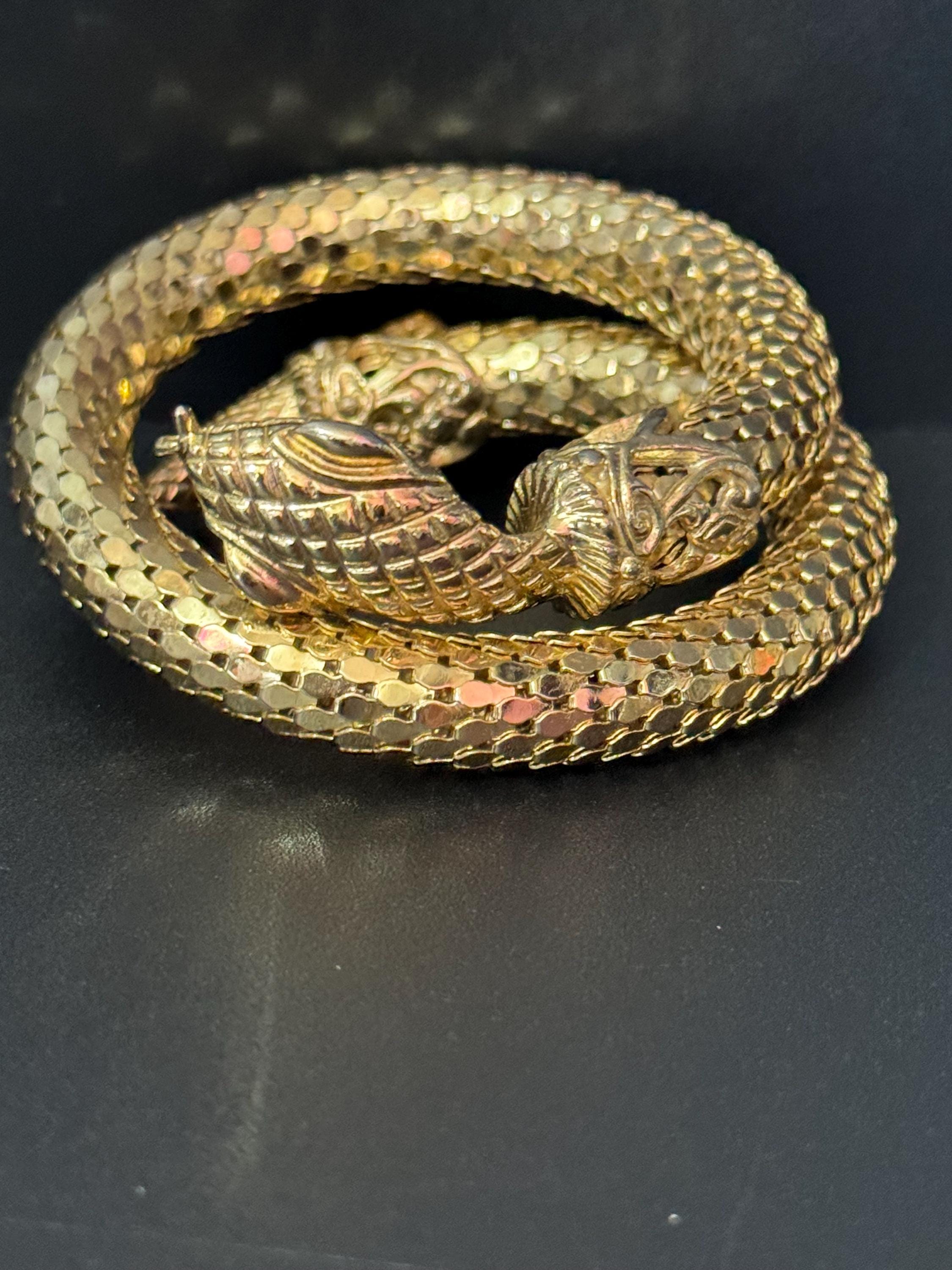 Whiting and Davis Vintage gold tone mesh snake Bangle clamper wrap bracelet signed