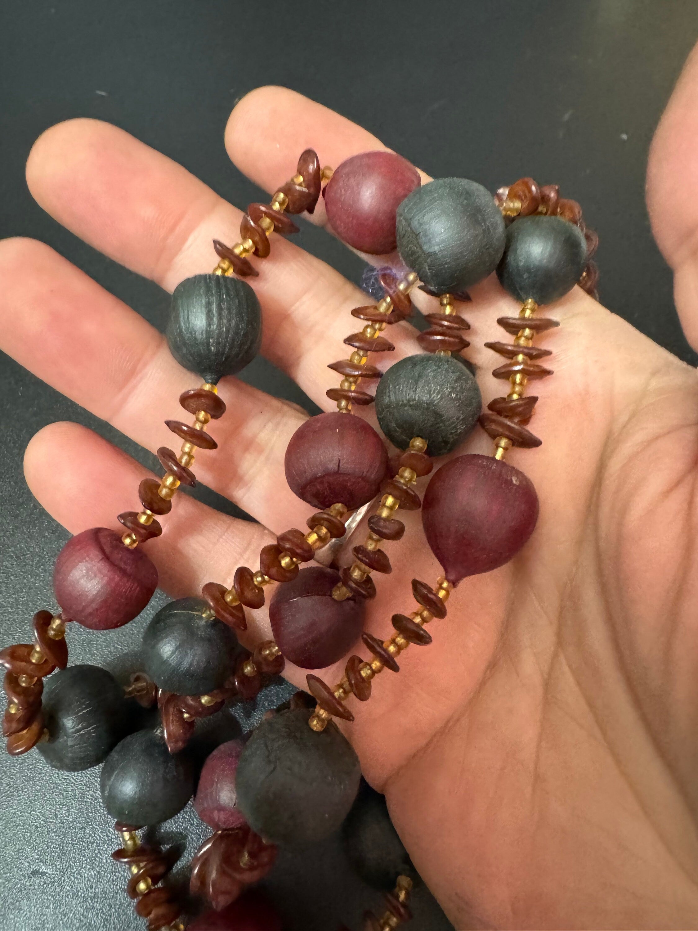 long vintage dark brown wooden natural nut round beaded layering necklace boho festival jewellery