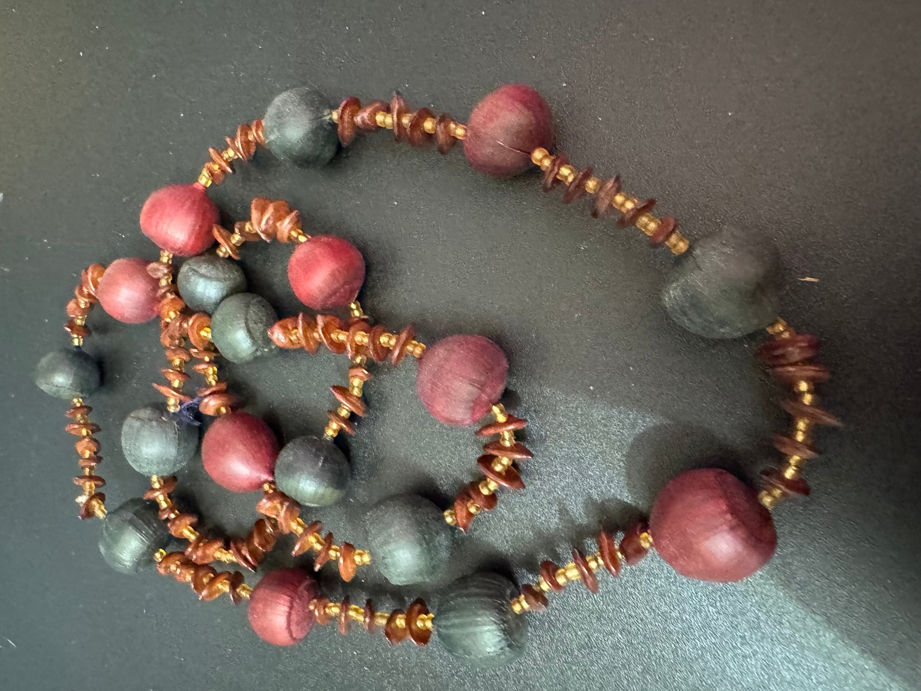 long vintage dark brown wooden natural nut round beaded layering necklace boho festival jewellery