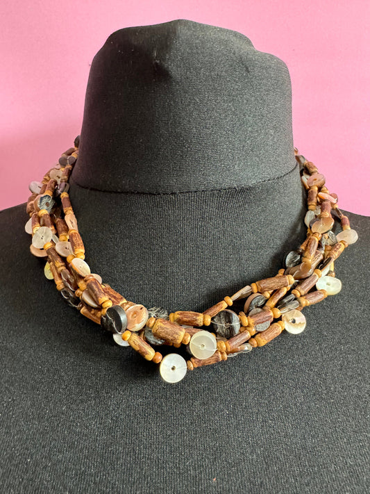 vintage natural shell and brown wooden glass natural nut beaded Multi-strand collar necklace boho festival jewellery