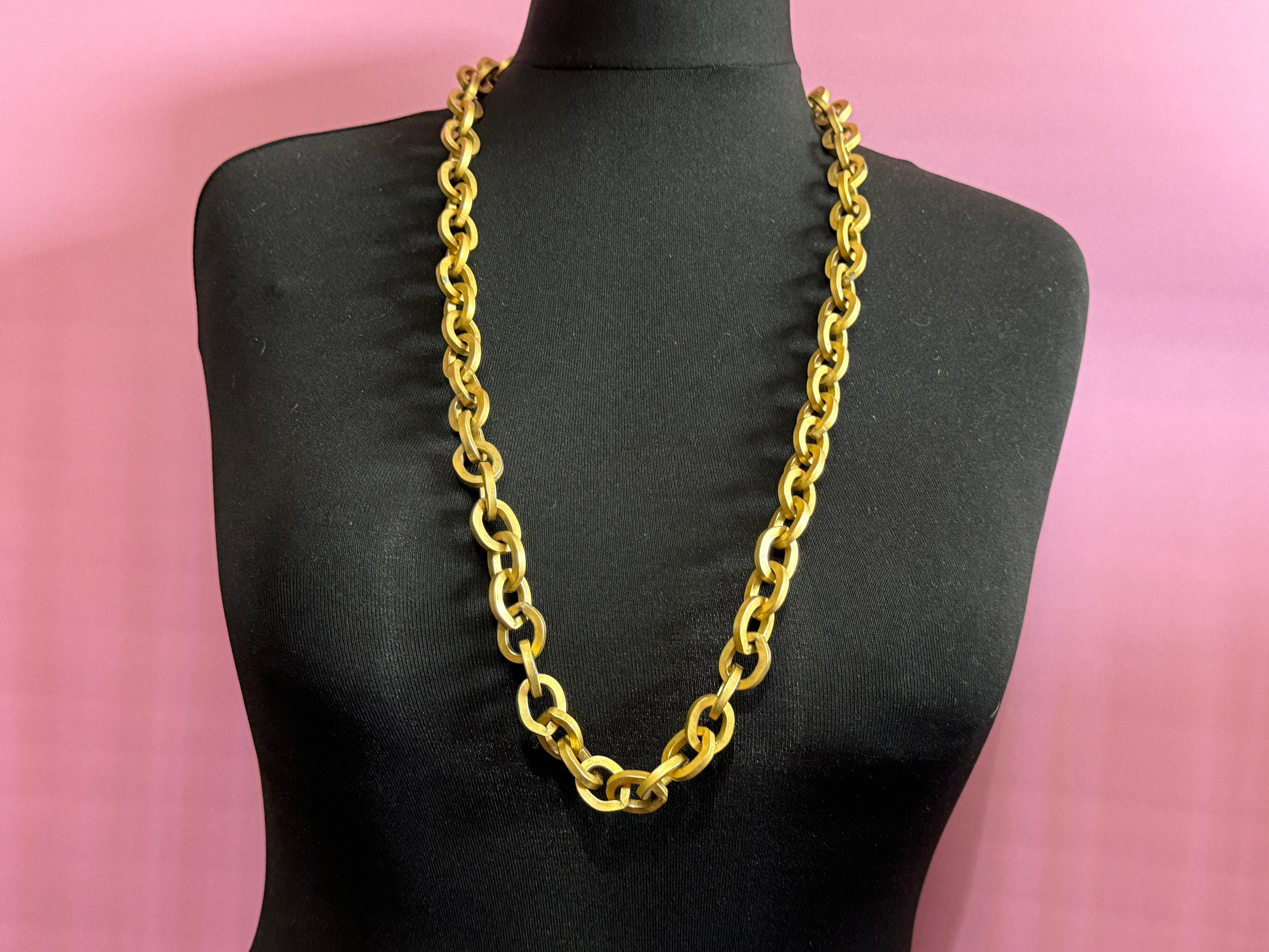 Vintage heavy chunky wide Matt gold cable chain link long necklace 90cm