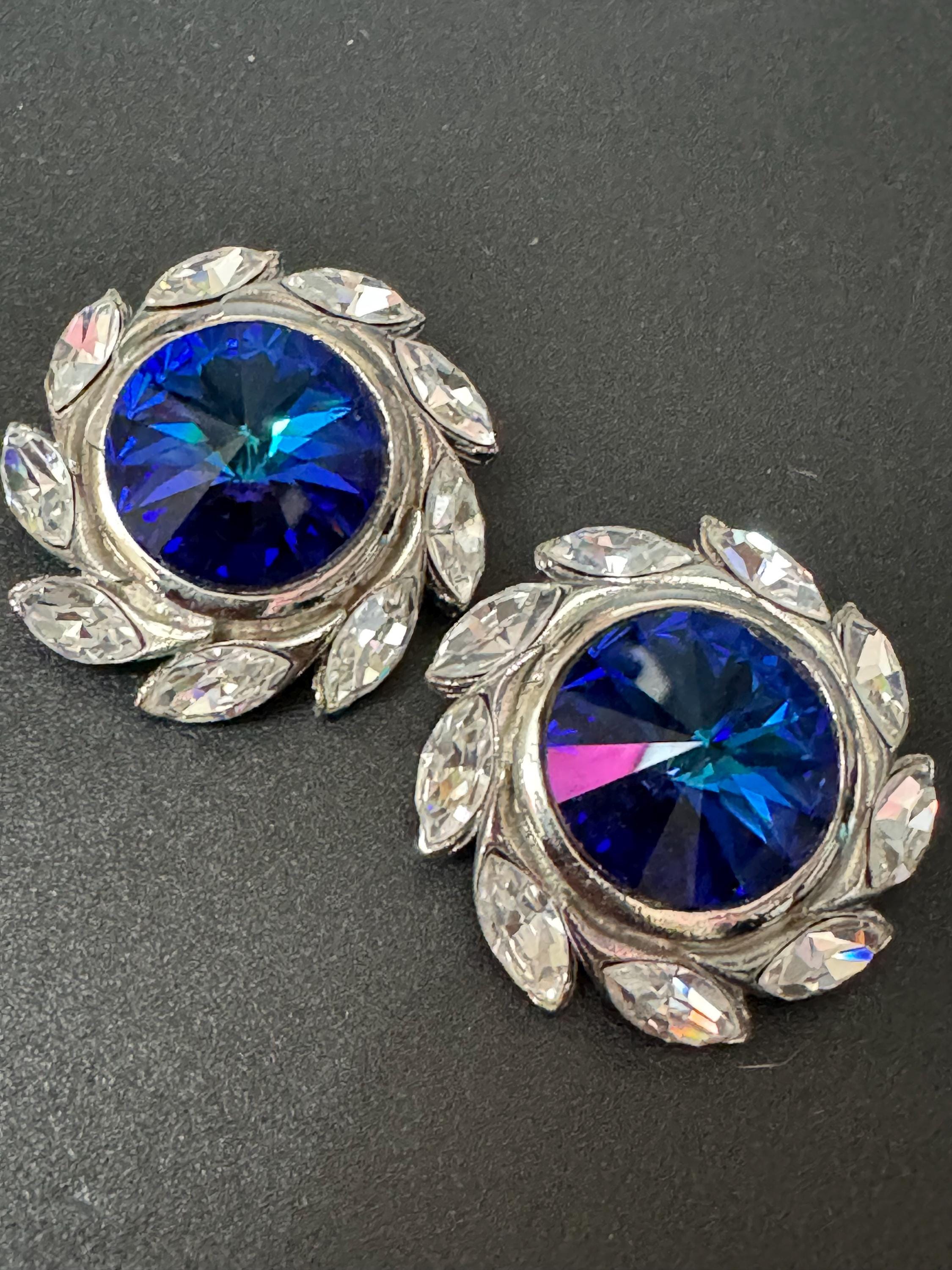 vintage oversized 3.5cm silver tone sapphire blue Rivoli and clear Navette Swarovski crystal round stud earrings 1980s old shop stock