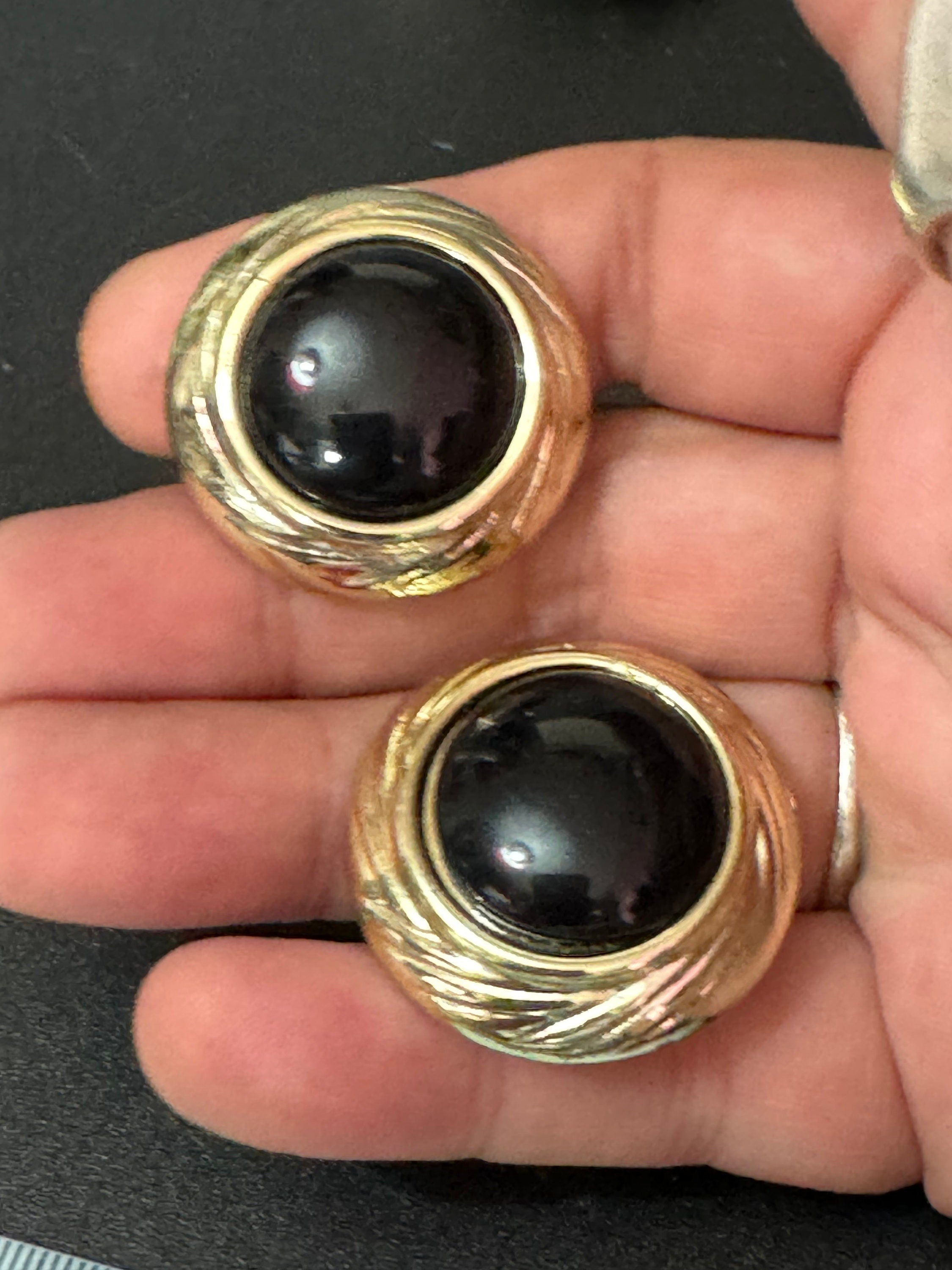 Large 2.5cm round shiny black gold tone plastic domed button clip on stud earrings