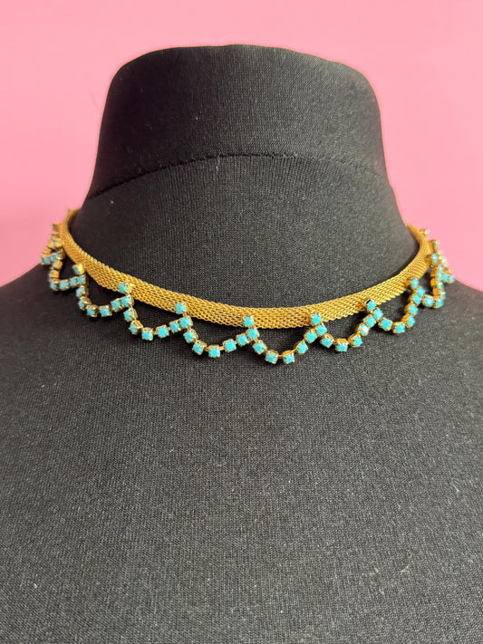 necklace with turquoise glass paste stones Vintage 1960s gold tone wide choker 45cm