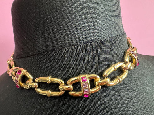 Nautical vintage gold tone modernist mariner link choker necklace with purple pink rhinestones