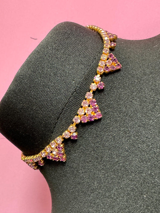 Petite 39cm Vintage Amethyst Purple and pink Glass Rhinestone Diamanté Paste Necklace Choker Mid Century 1950s 1960s Gold Tone Metal