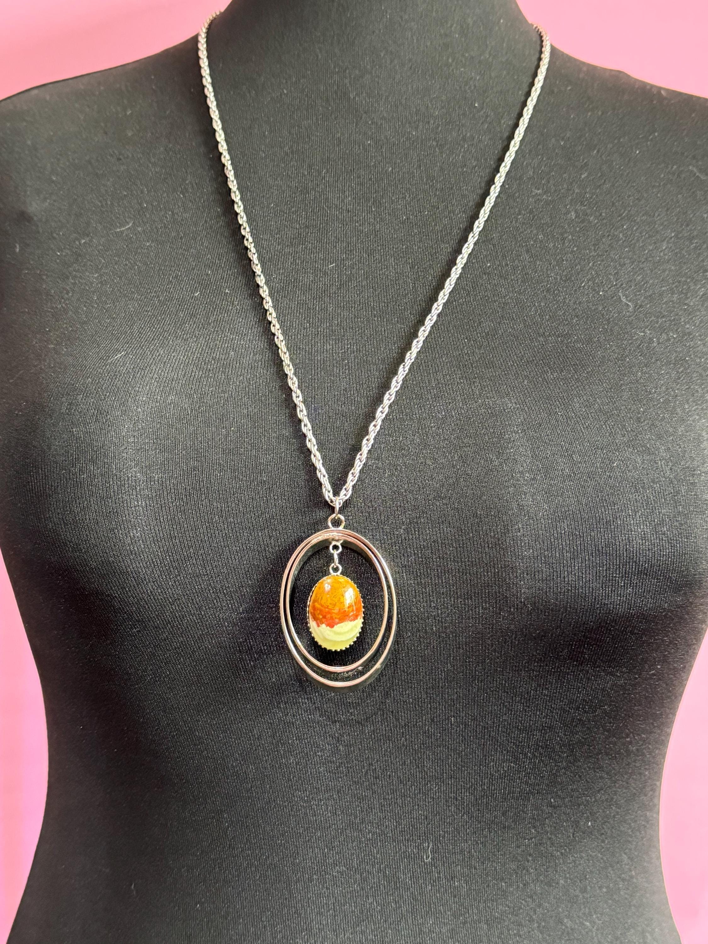 Vintage Modernist silver tone stainless Steel pendant necklace with suspended central agate gemstone drop Mid Century 1960s 1970s