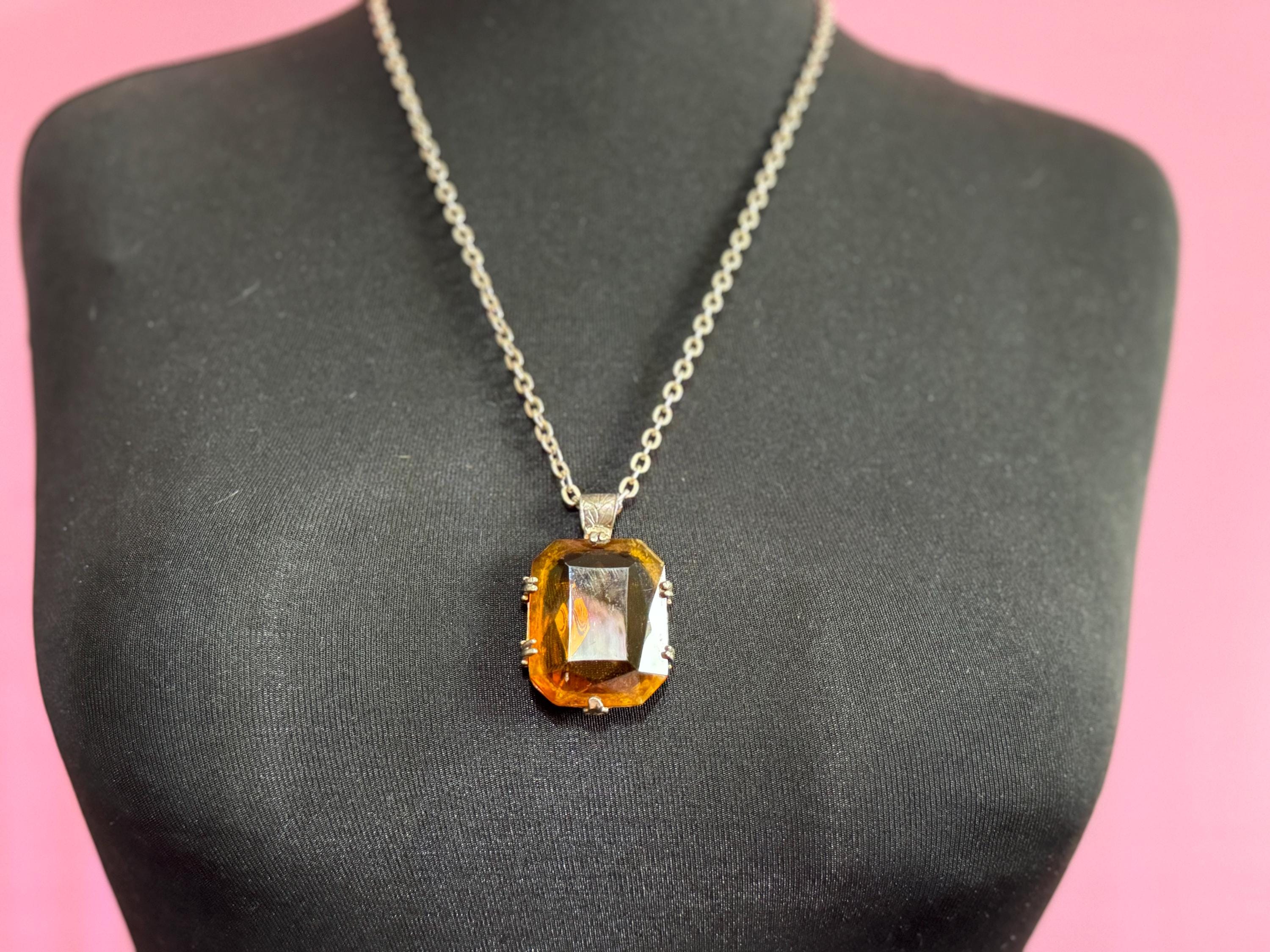 Scottish silver tone large rectangular orange faceted Glass pendant on 66cm lightweight aluminium chain Vintage